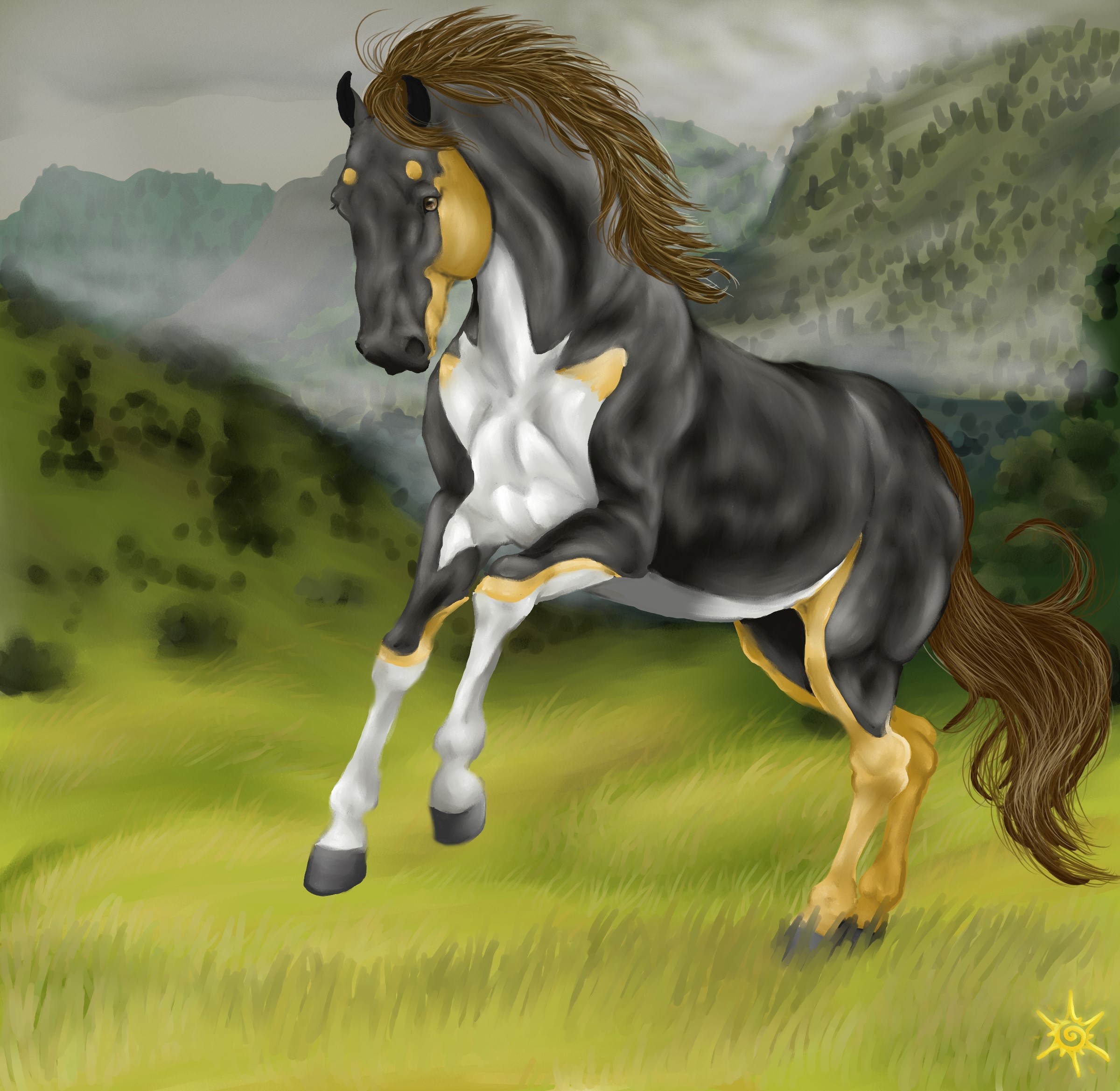 Painting of a horse in a field HD Wallpaper