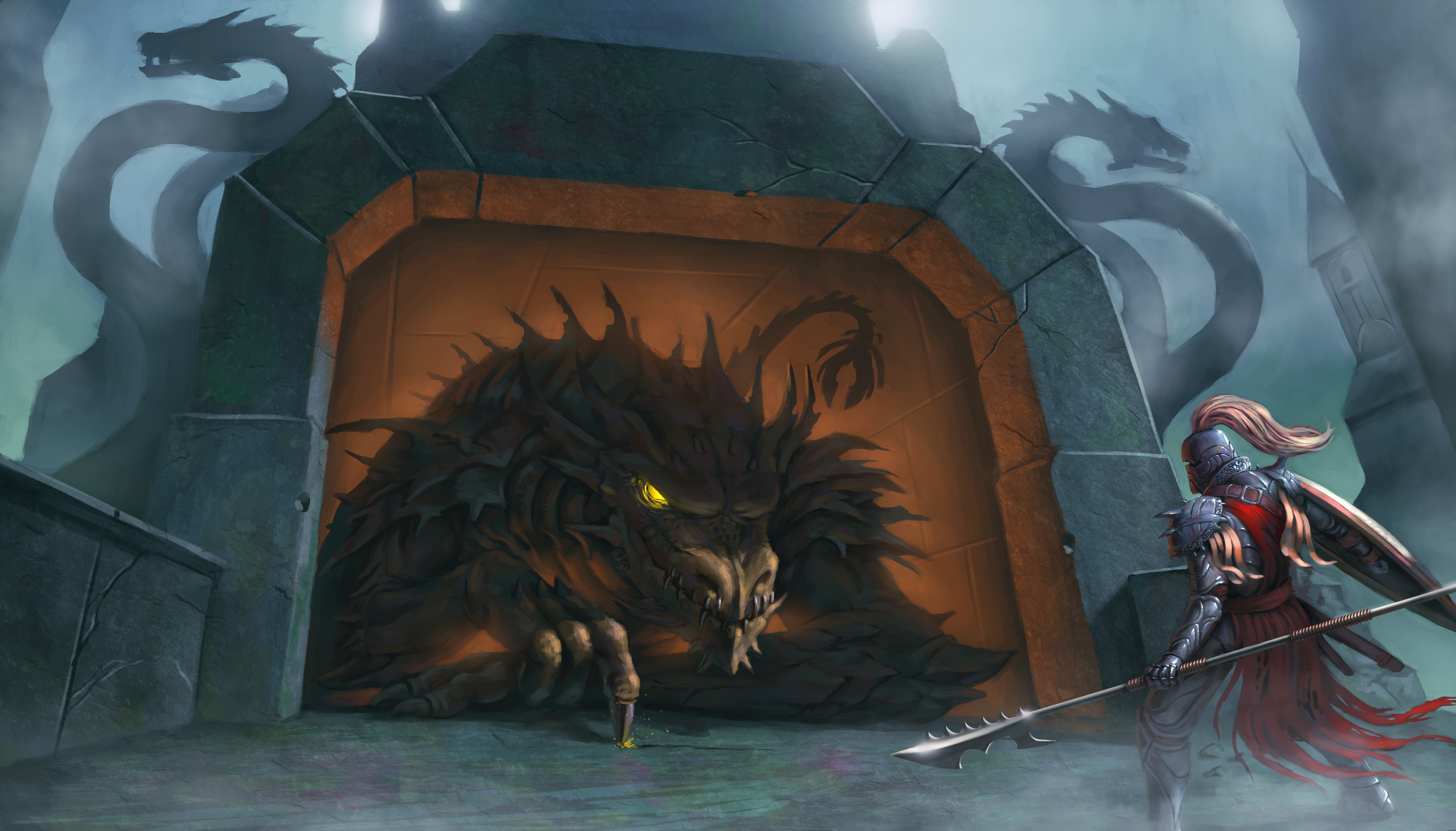 Knight faces a dragon in a stone structure HD Wallpaper