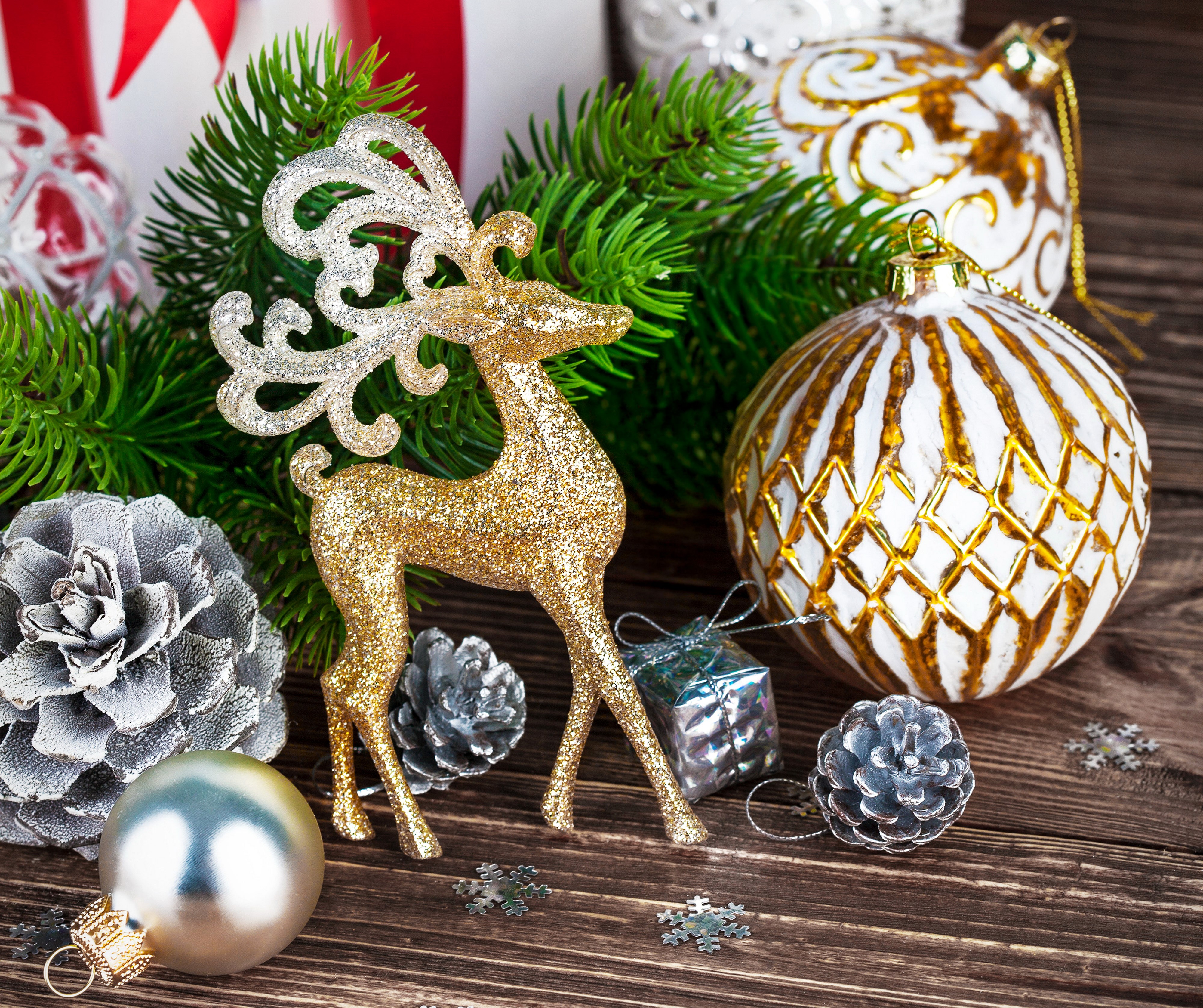 Christmas Decorations with Deer and Ornaments HD Wallpaper