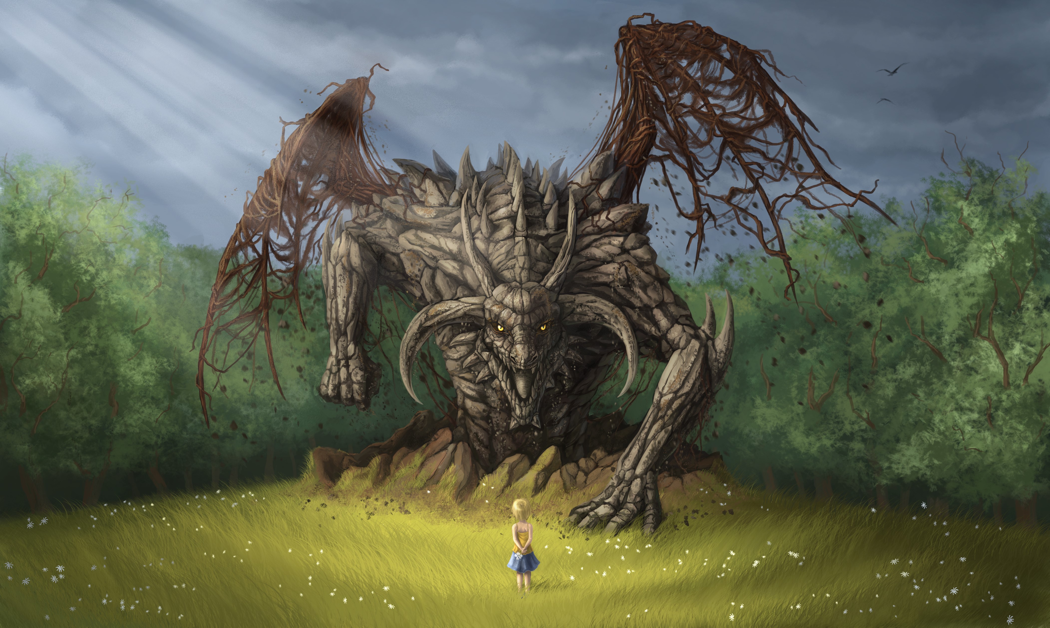 Dragon and Little Girl in a Field HD Wallpaper