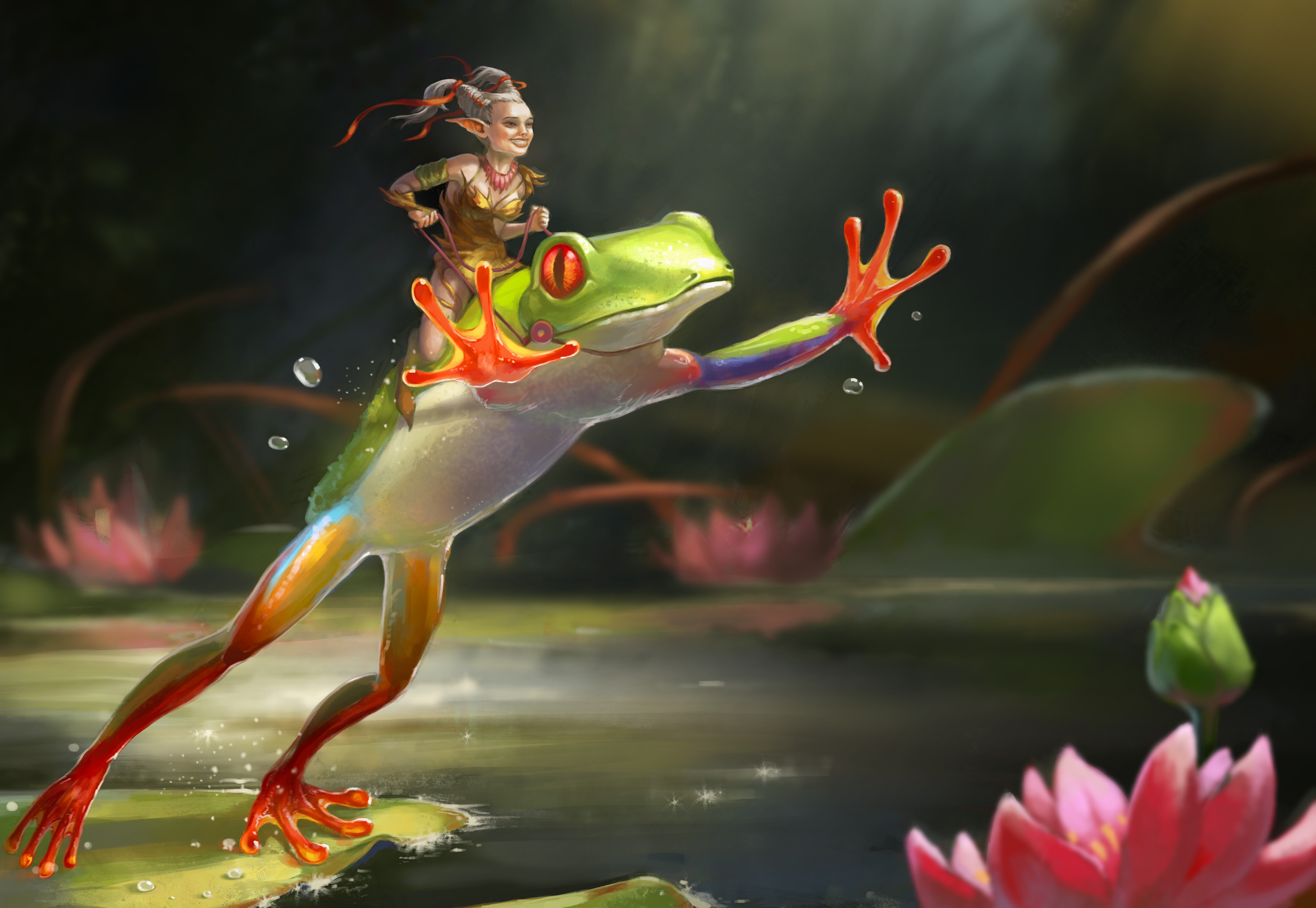 Elf riding a frog in a pond HD Wallpaper