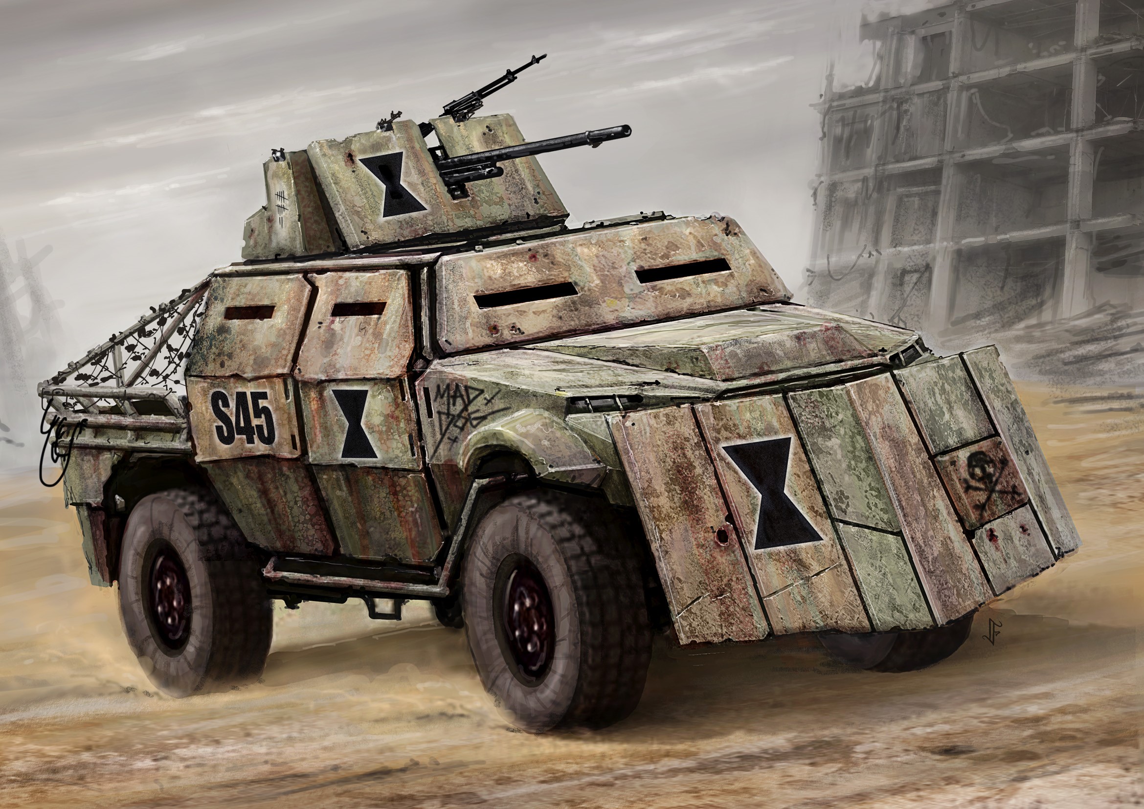 Armored vehicle with black widow symbol in ruined city HD Wallpaper