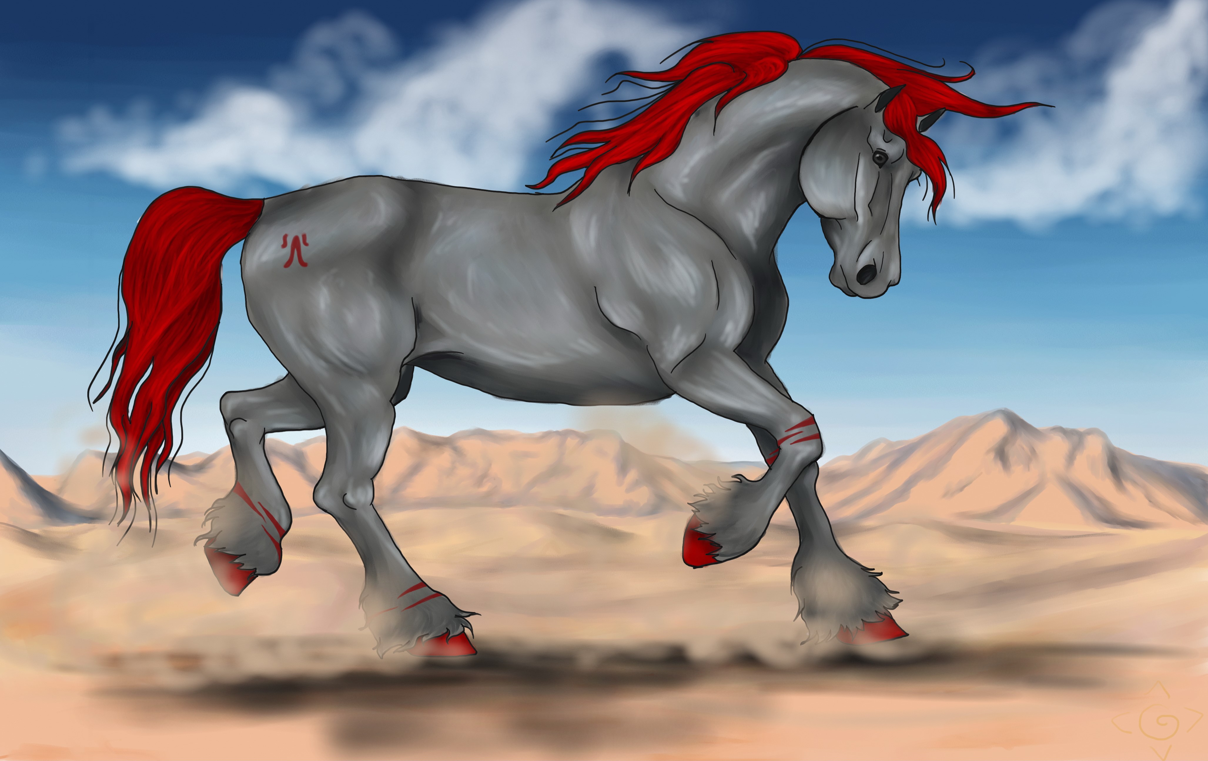 Gray horse with red mane and tail running in desert HD Wallpaper