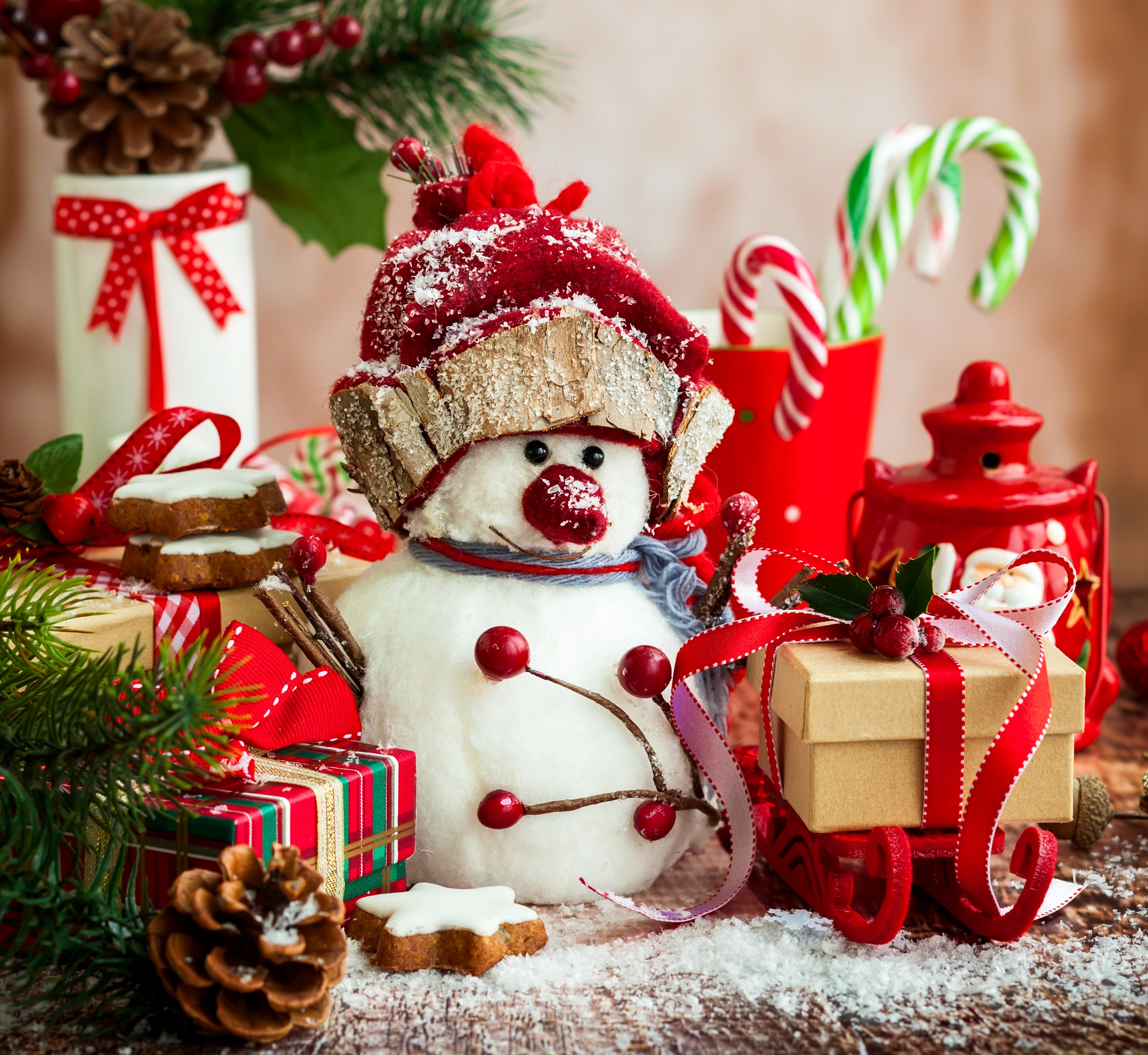 Christmas Snowman with Gifts and Candy Canes HD Wallpaper
