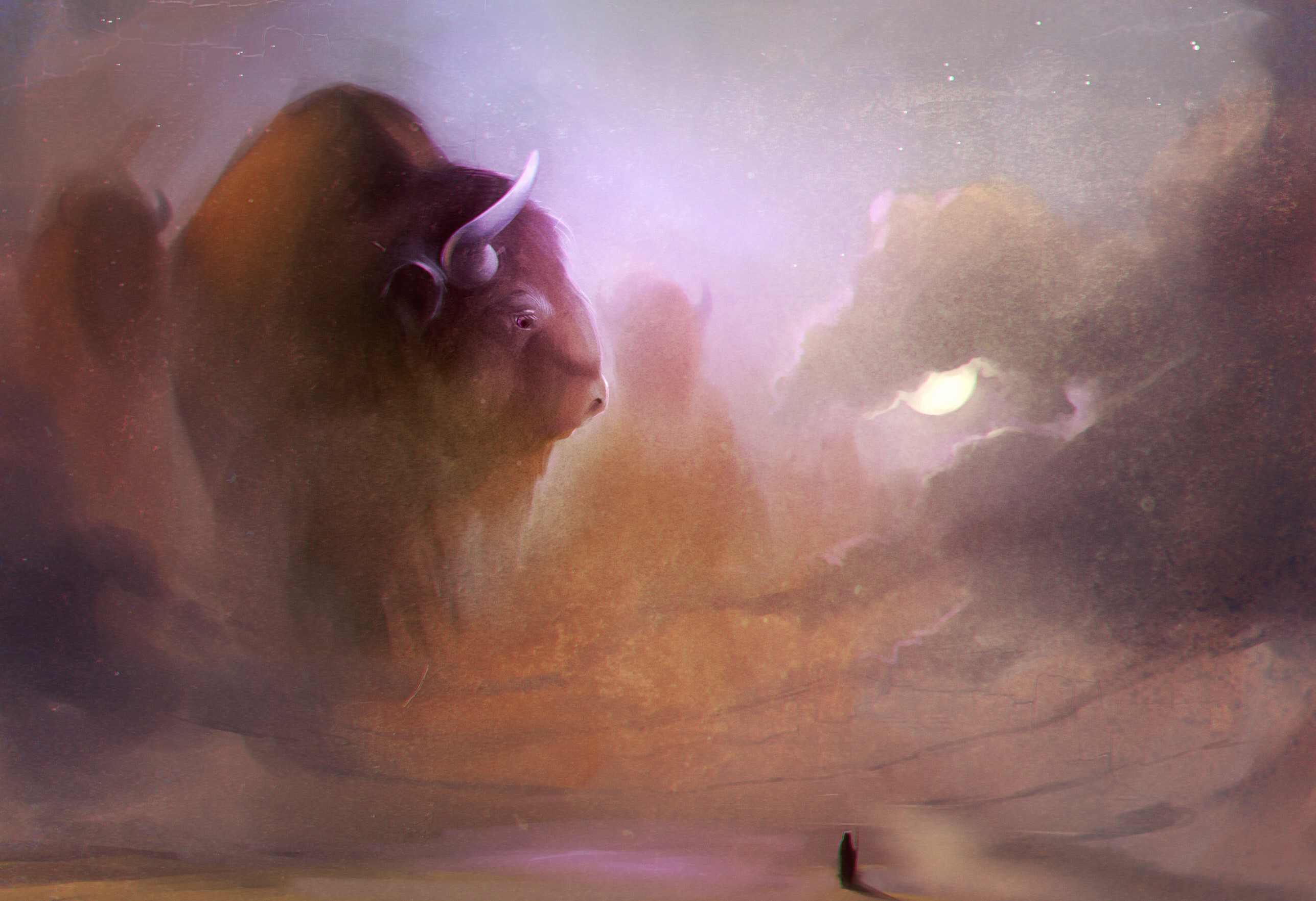 Bison spirits in a dreamlike desert landscape HD Wallpaper