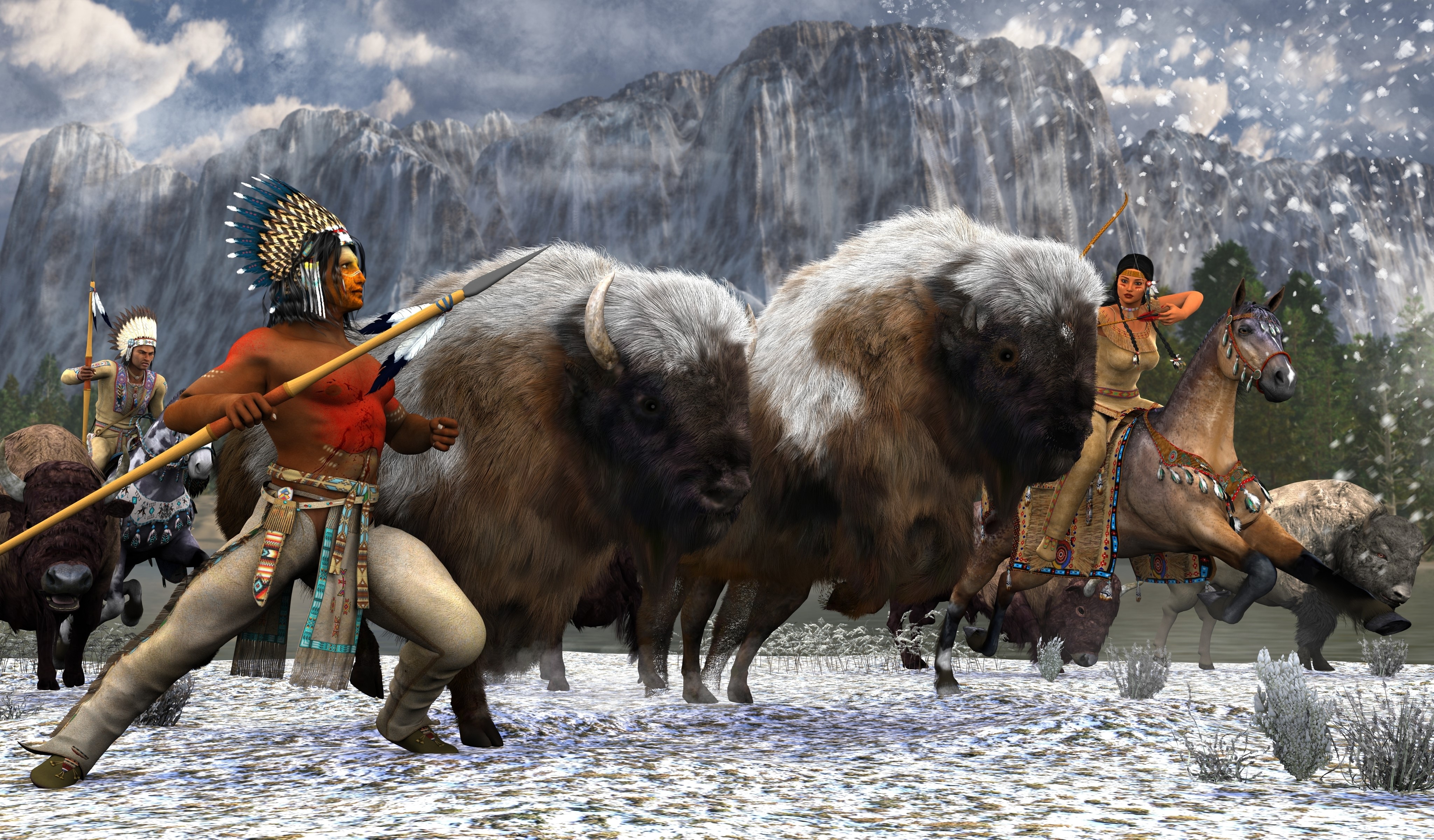 Native Americans hunting bison in winter HD Wallpaper
