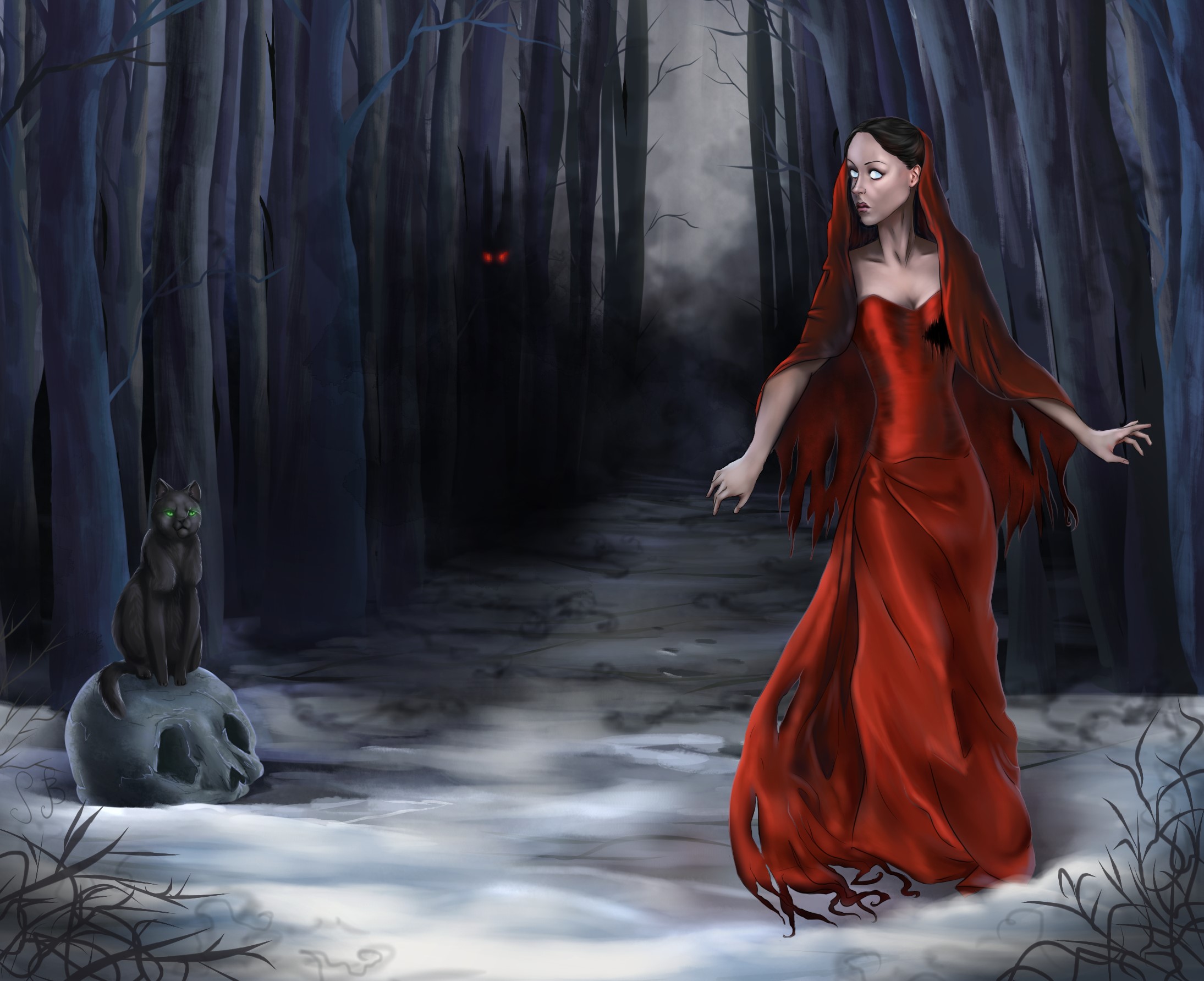 Woman in red dress in dark forest with cat and skull HD Wallpaper