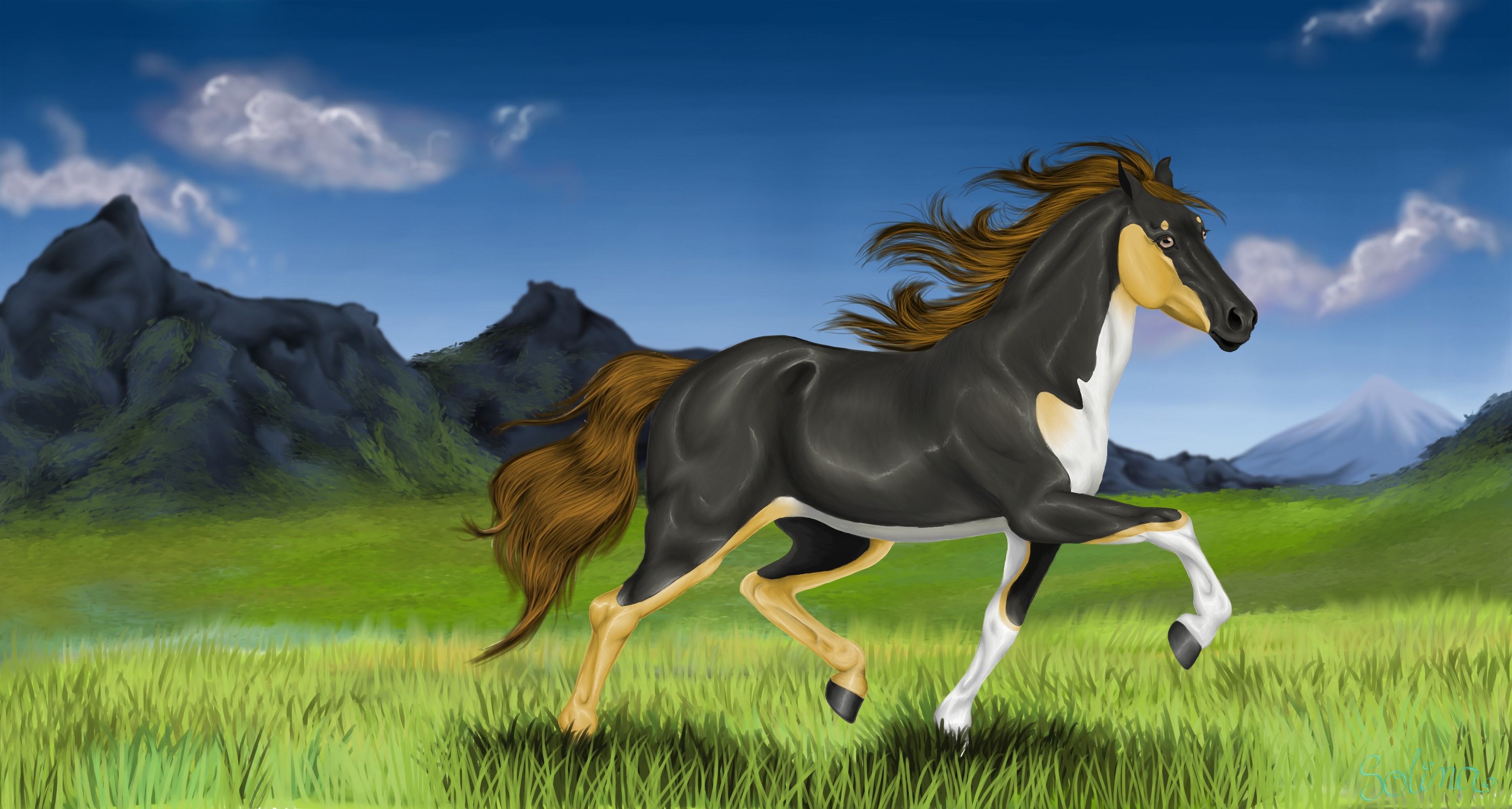 Painting of a horse running in a field HD Wallpaper