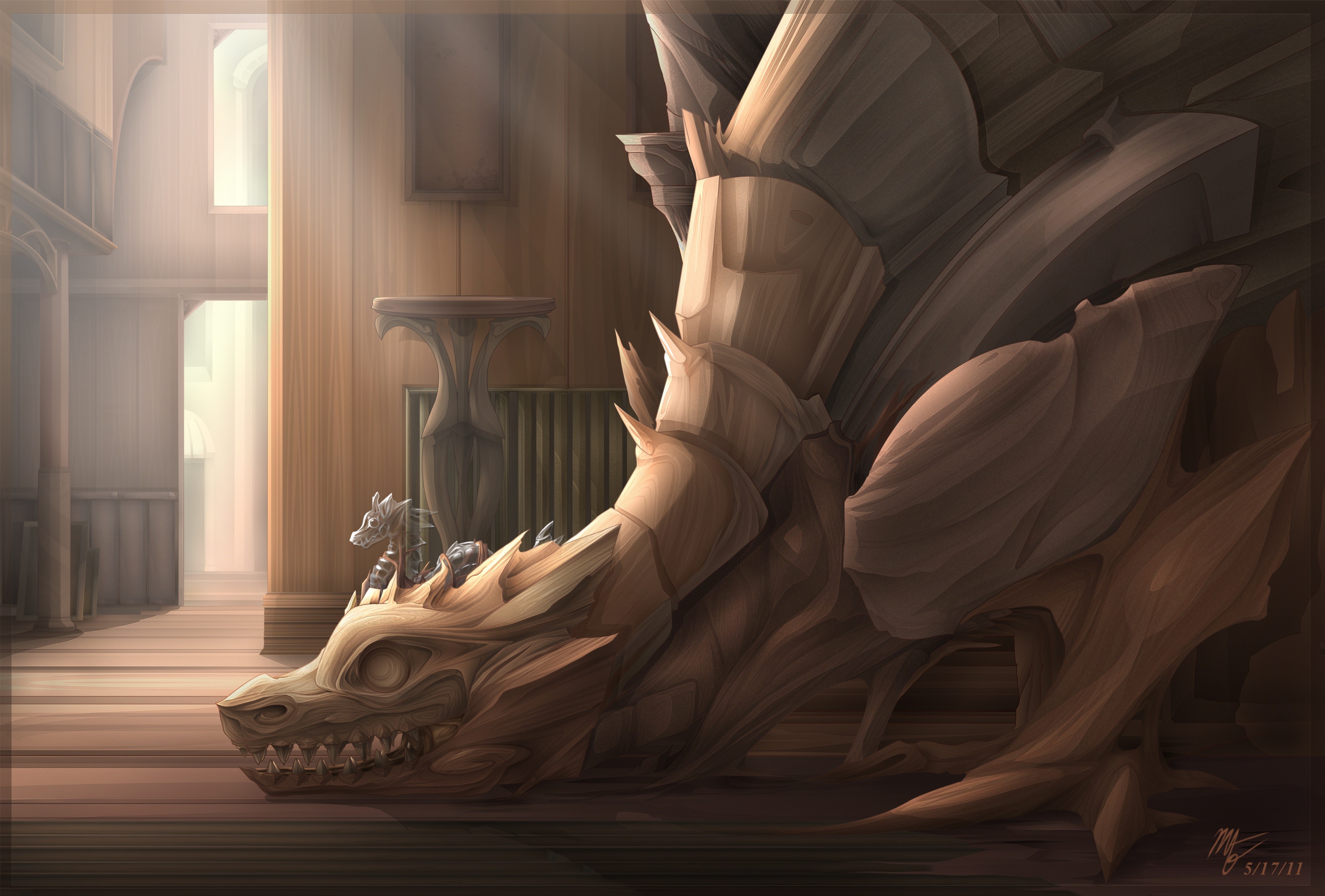 Wooden Dragon Sculpture with Small Figures HD Wallpaper