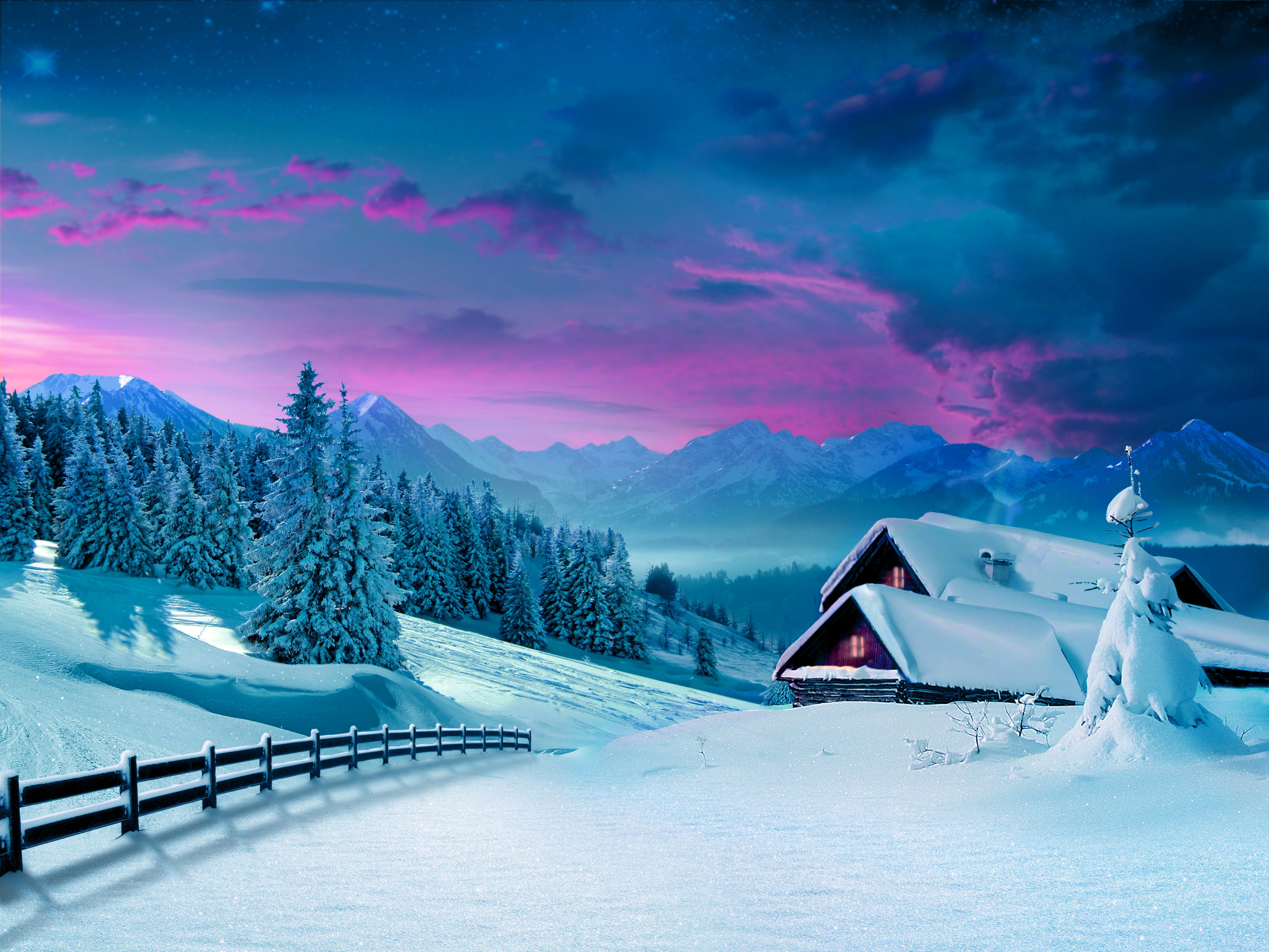 Winter cabin and snowy mountains at dusk HD Wallpaper
