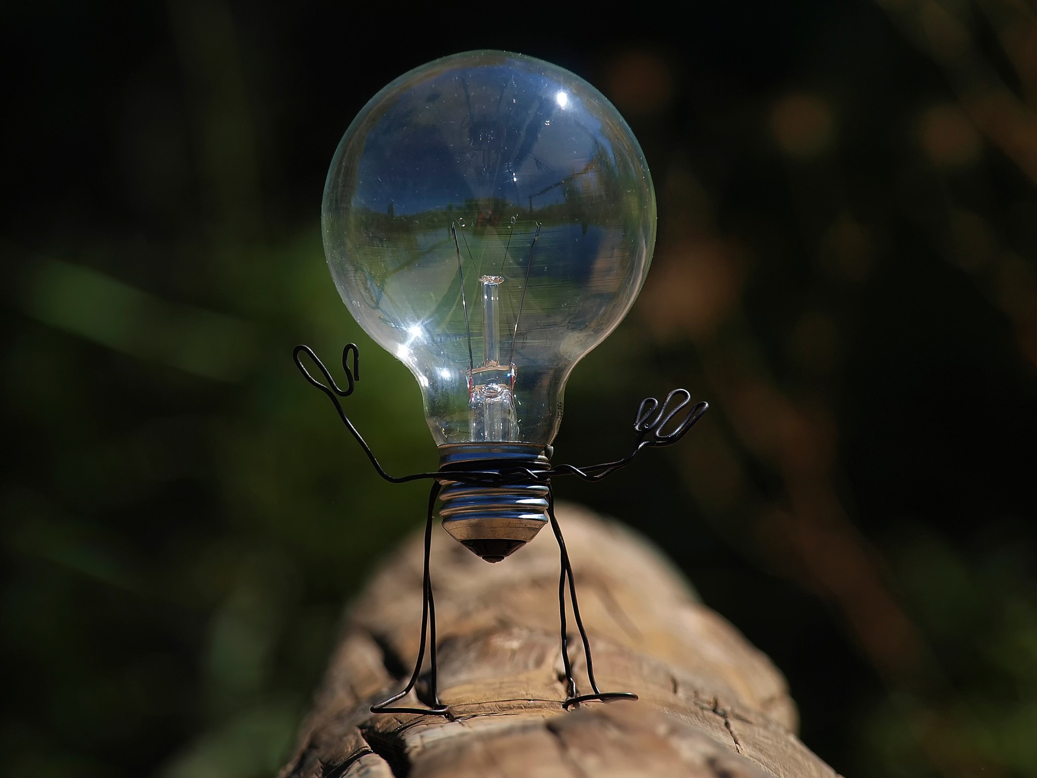 Lightbulb figurine with wire limbs on a log HD Wallpaper