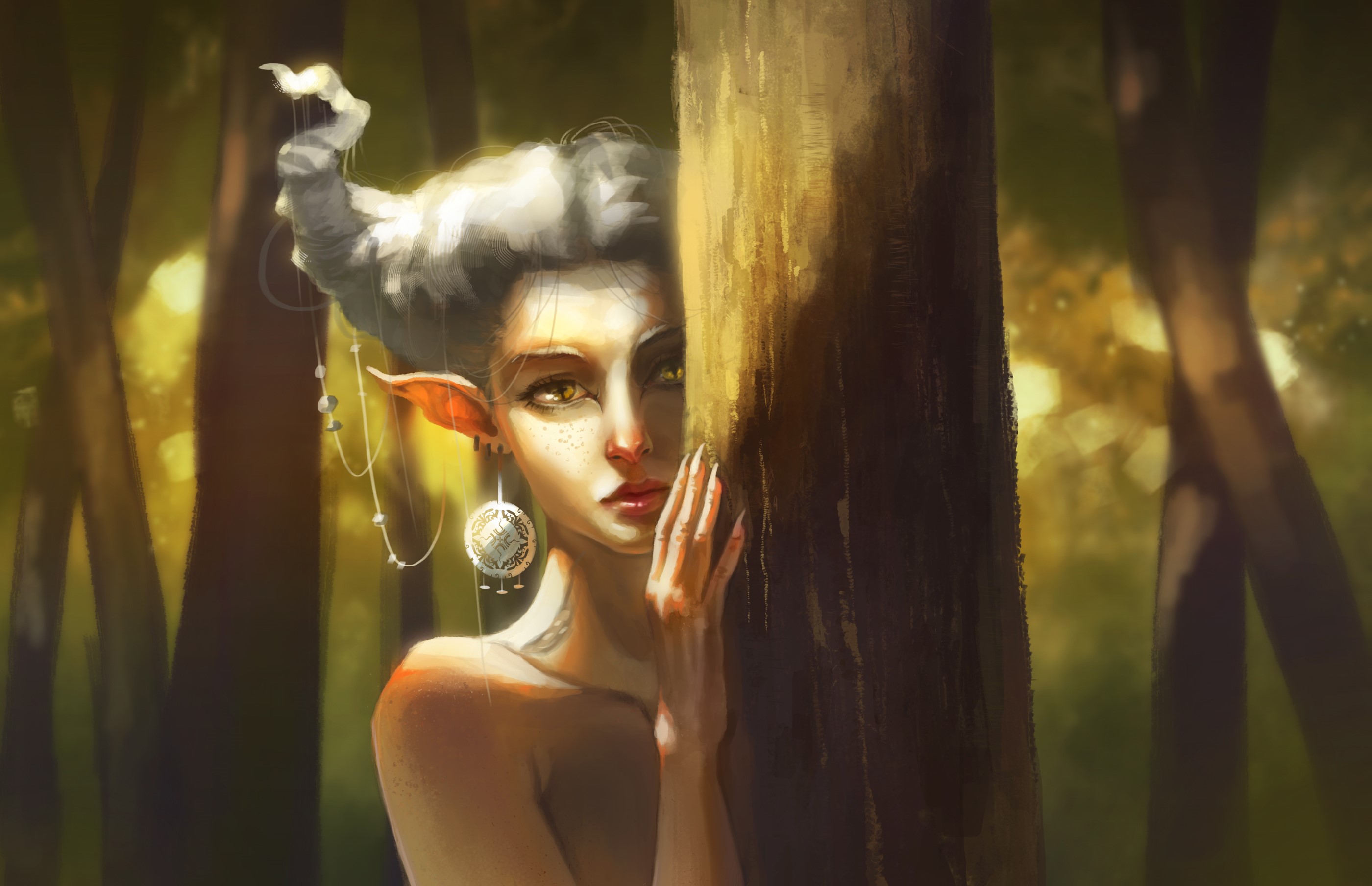 Elf peeking from behind a tree trunk HD Wallpaper
