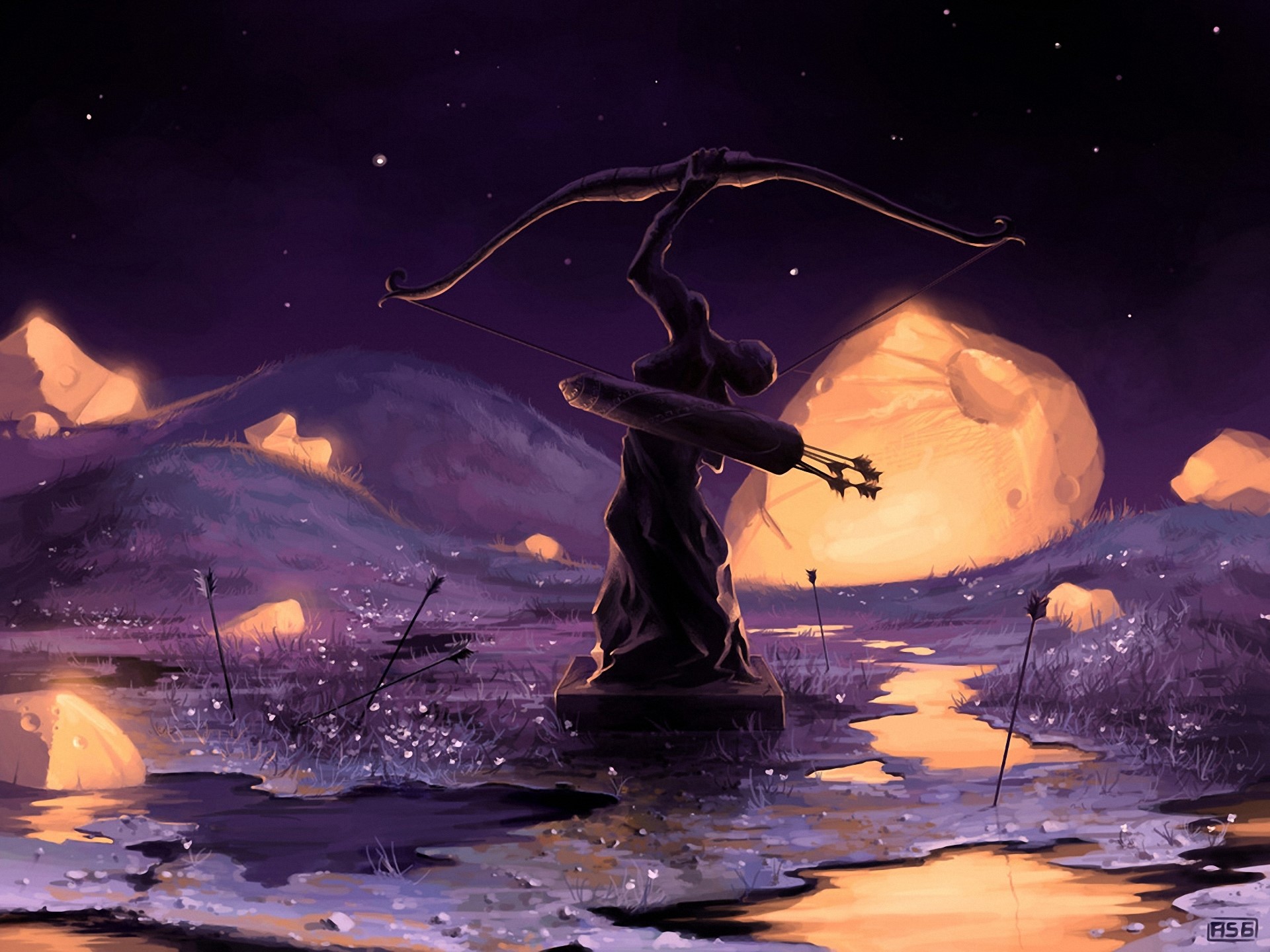Statue of an archer with a quiver of arrows at night HD Wallpaper