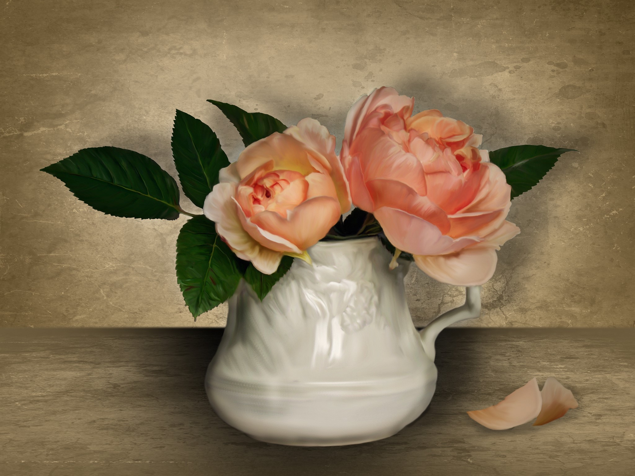 Two roses in a white jug on a table HD Wallpaper