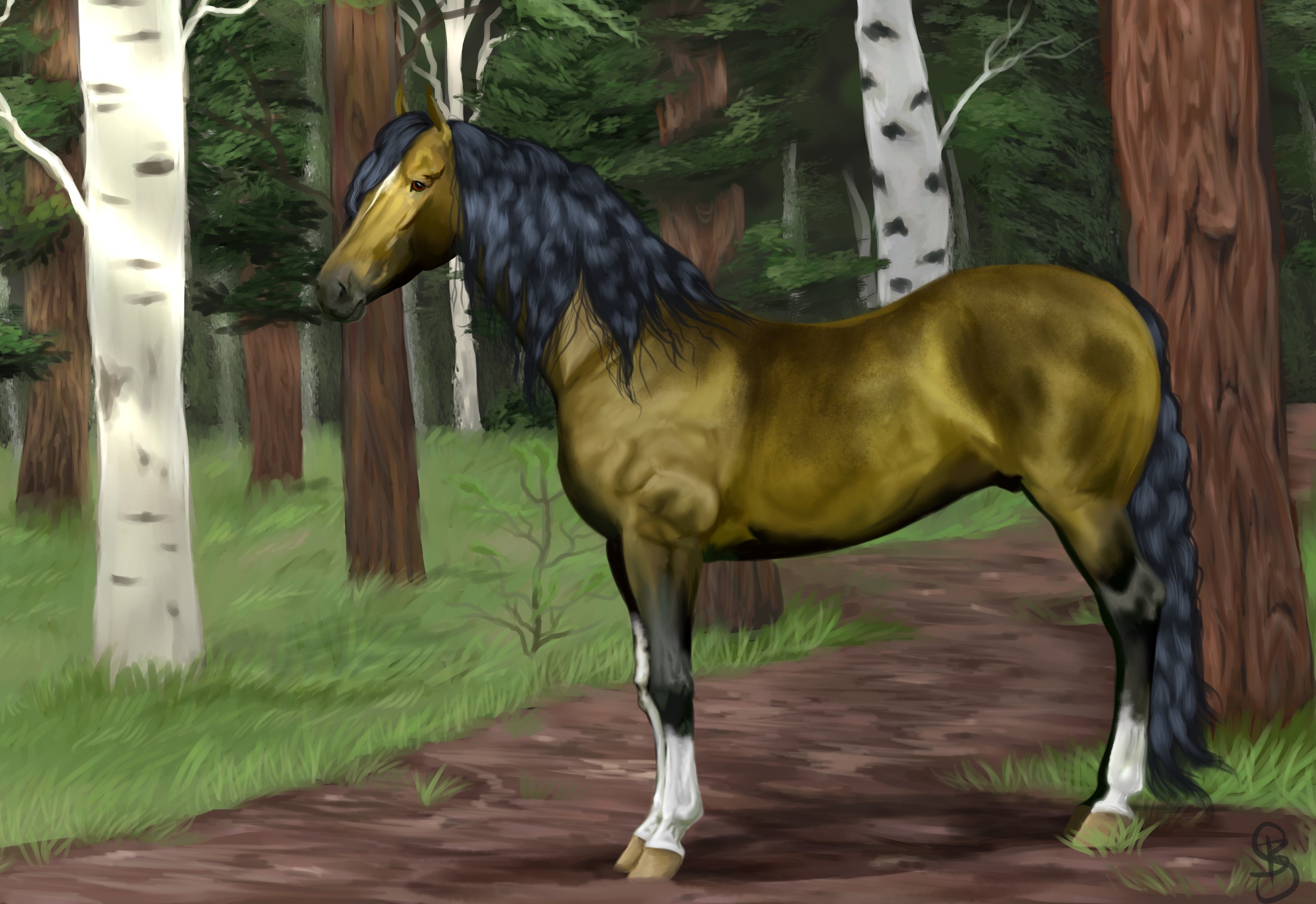 Painting of a horse in a forest HD Wallpaper