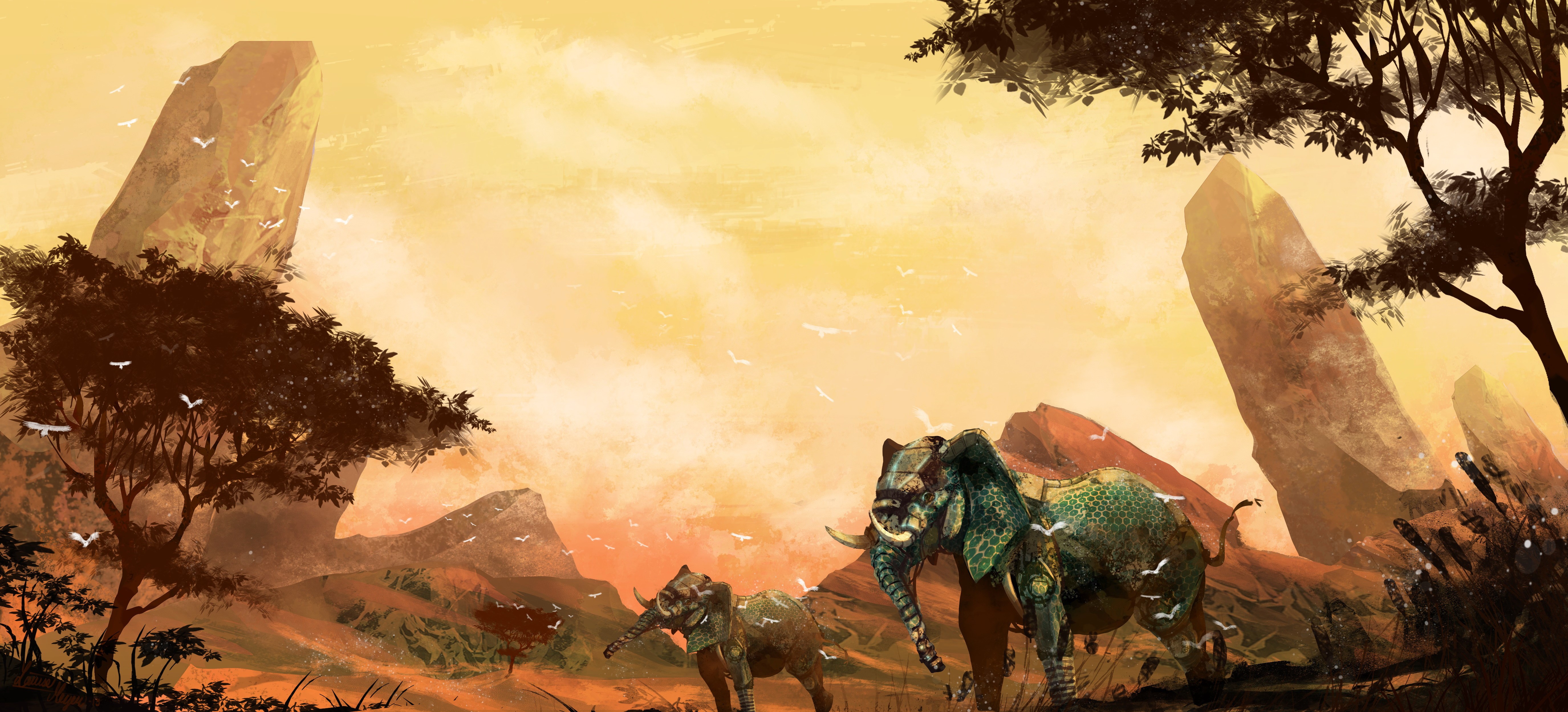 Elephants in a rocky, desert landscape with birds HD Wallpaper