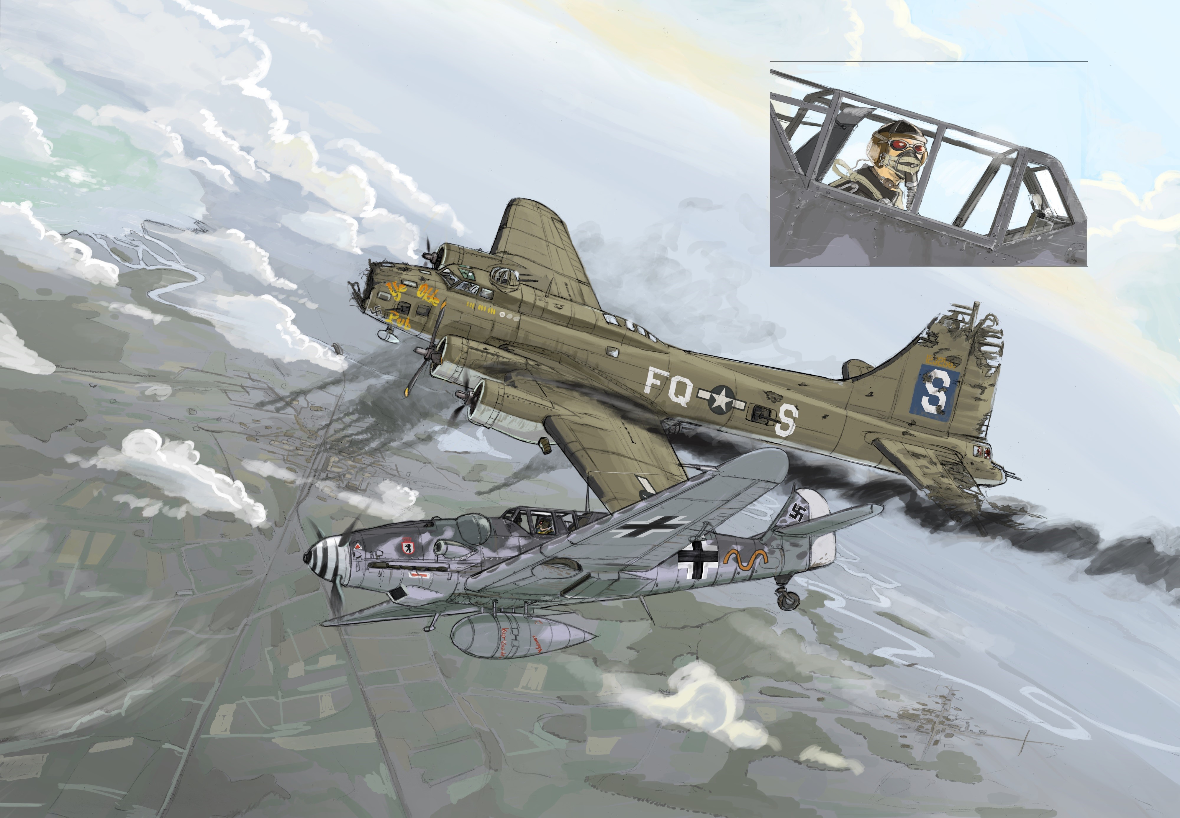 WWII Dogfight: B-17 Flying Fortress vs. Messerschmitt Bf 109 HD Wallpaper