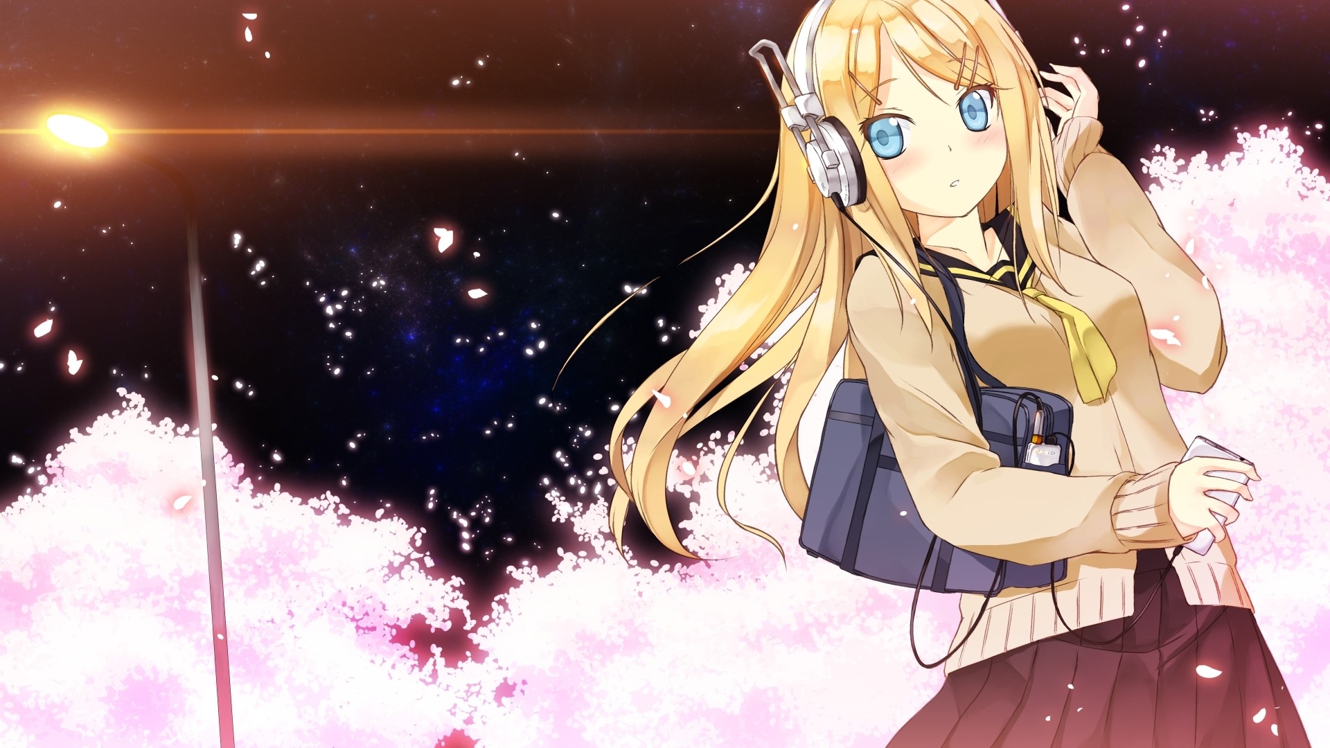 Kagamine Rin from Vocaloid with headphones and school bag HD Wallpaper
