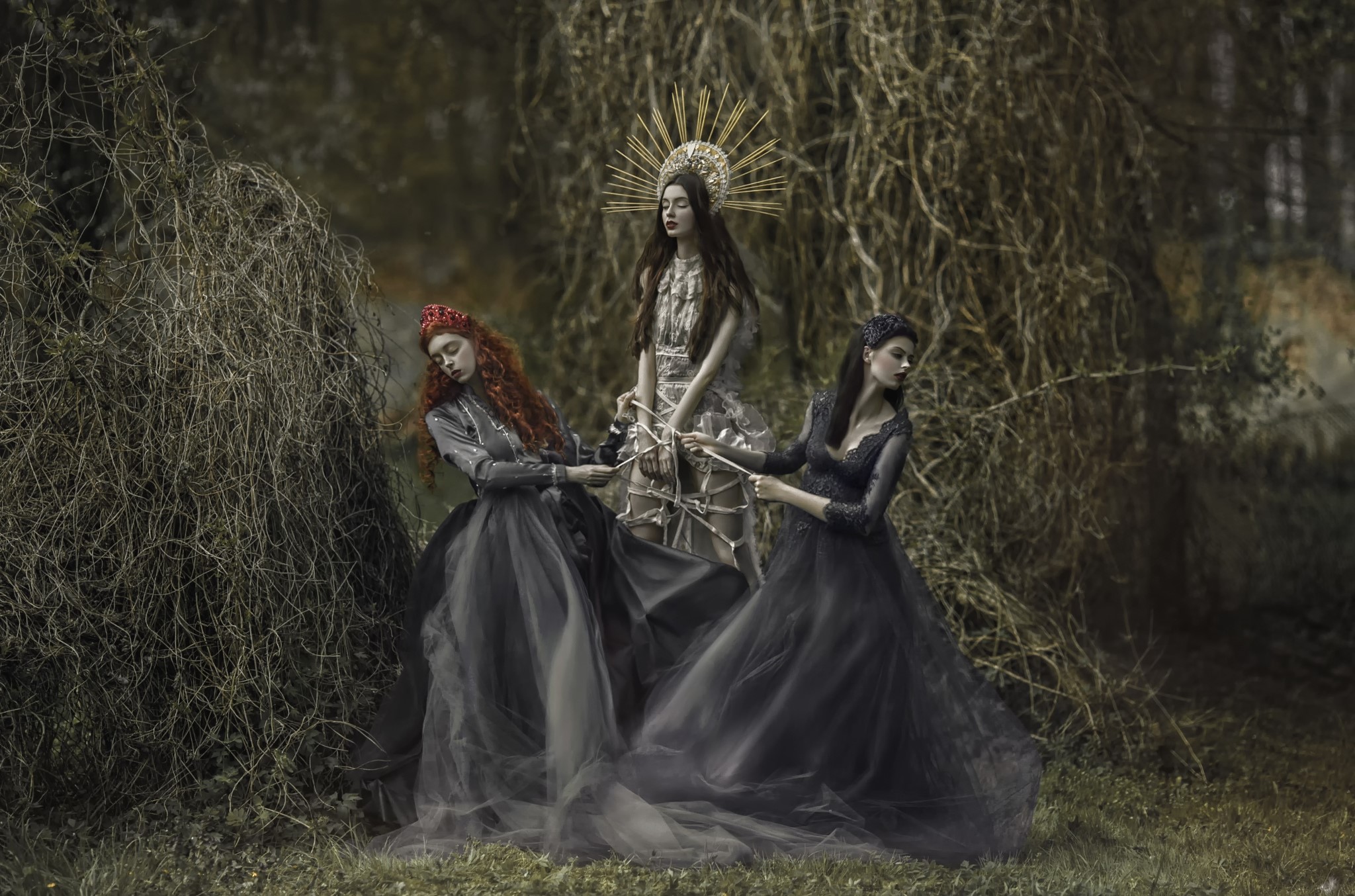 Three women in dark dresses in a forest HD Wallpaper