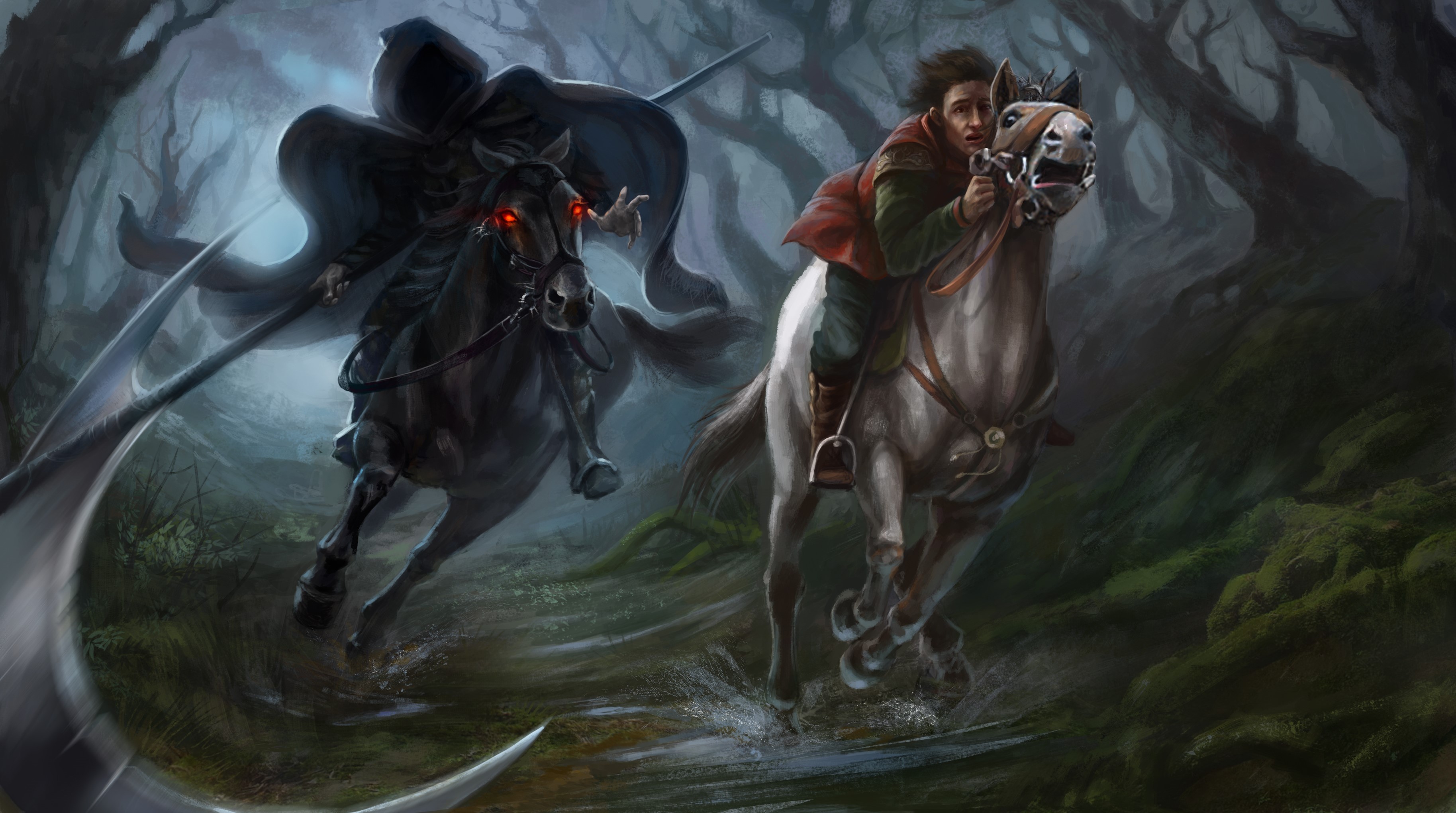 Death on a black horse chases a man on a white horse through a forest HD Wallpaper