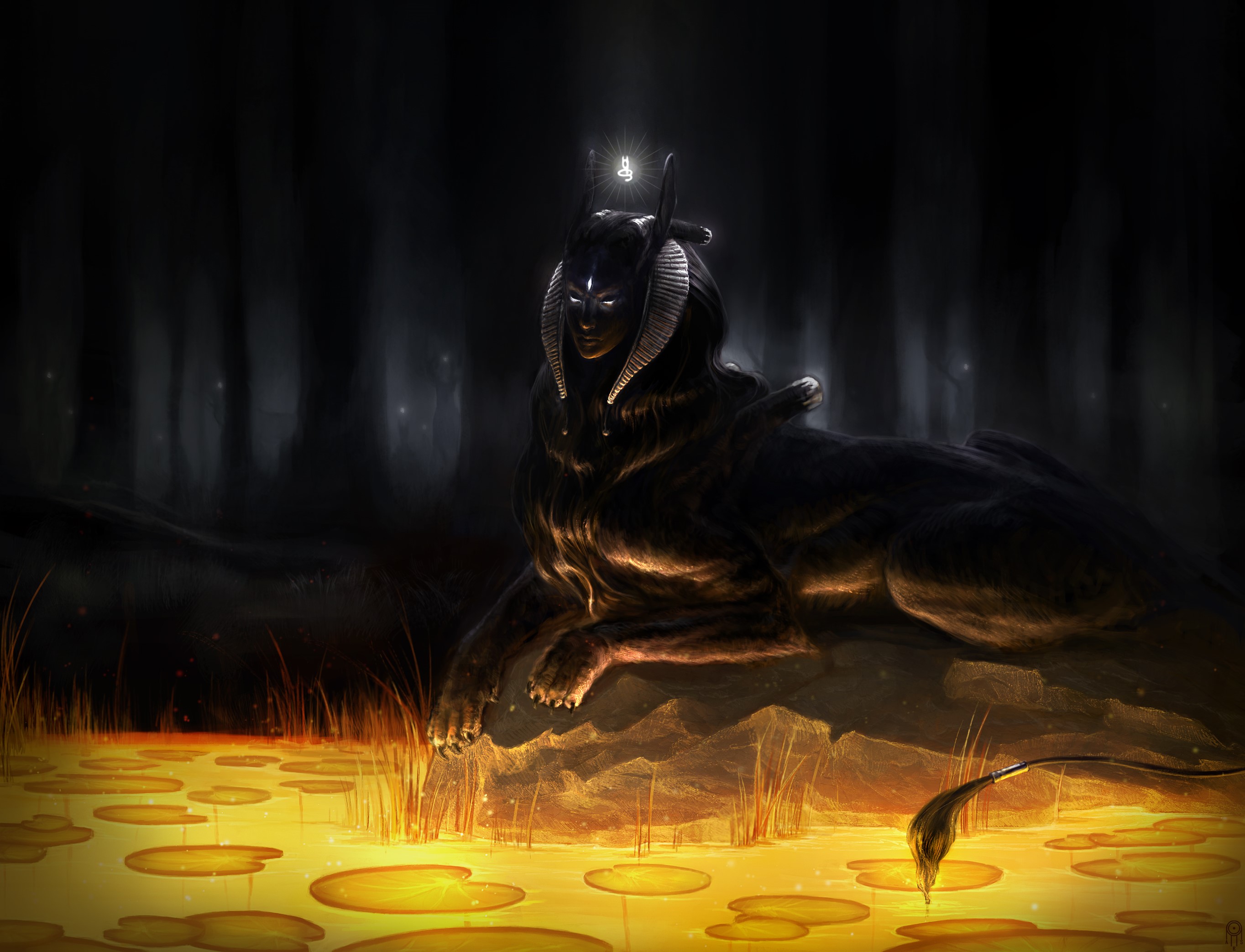 Dark Sphinx with horns by a glowing pond HD Wallpaper