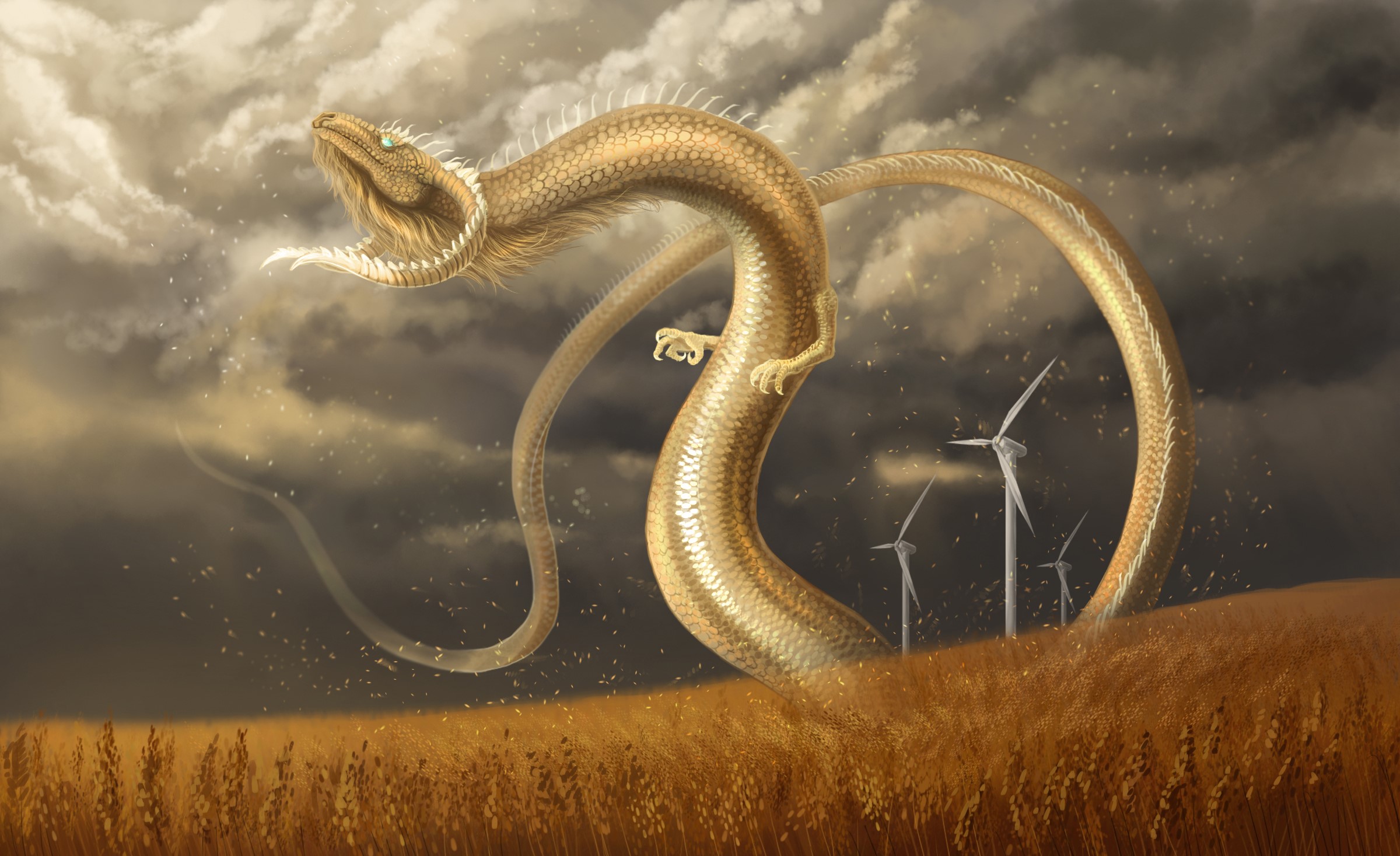 Golden Dragon in a Wheat Field with Wind Turbines HD Wallpaper