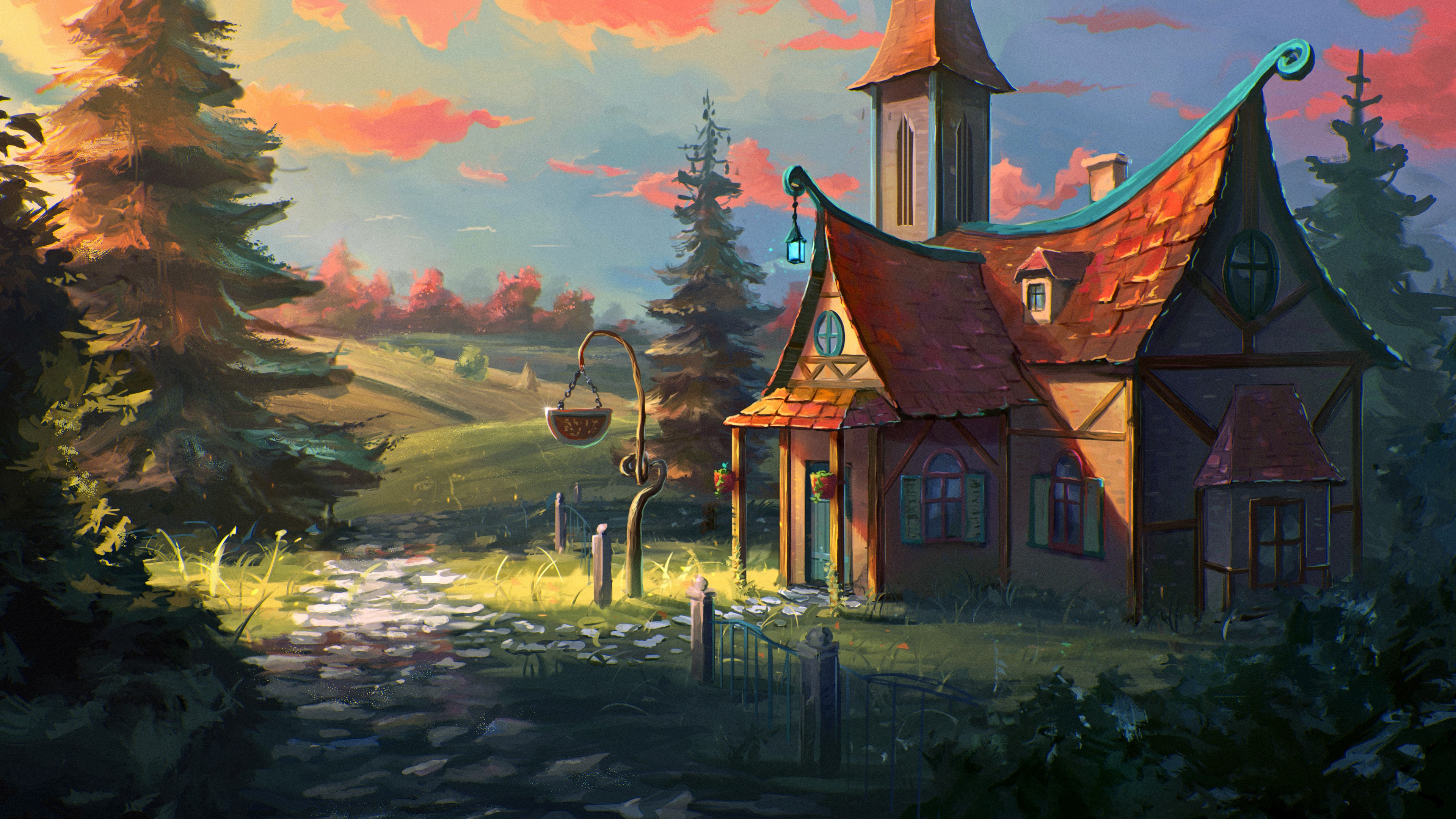 4K painting of a whimsical house in a landscape HD Wallpaper