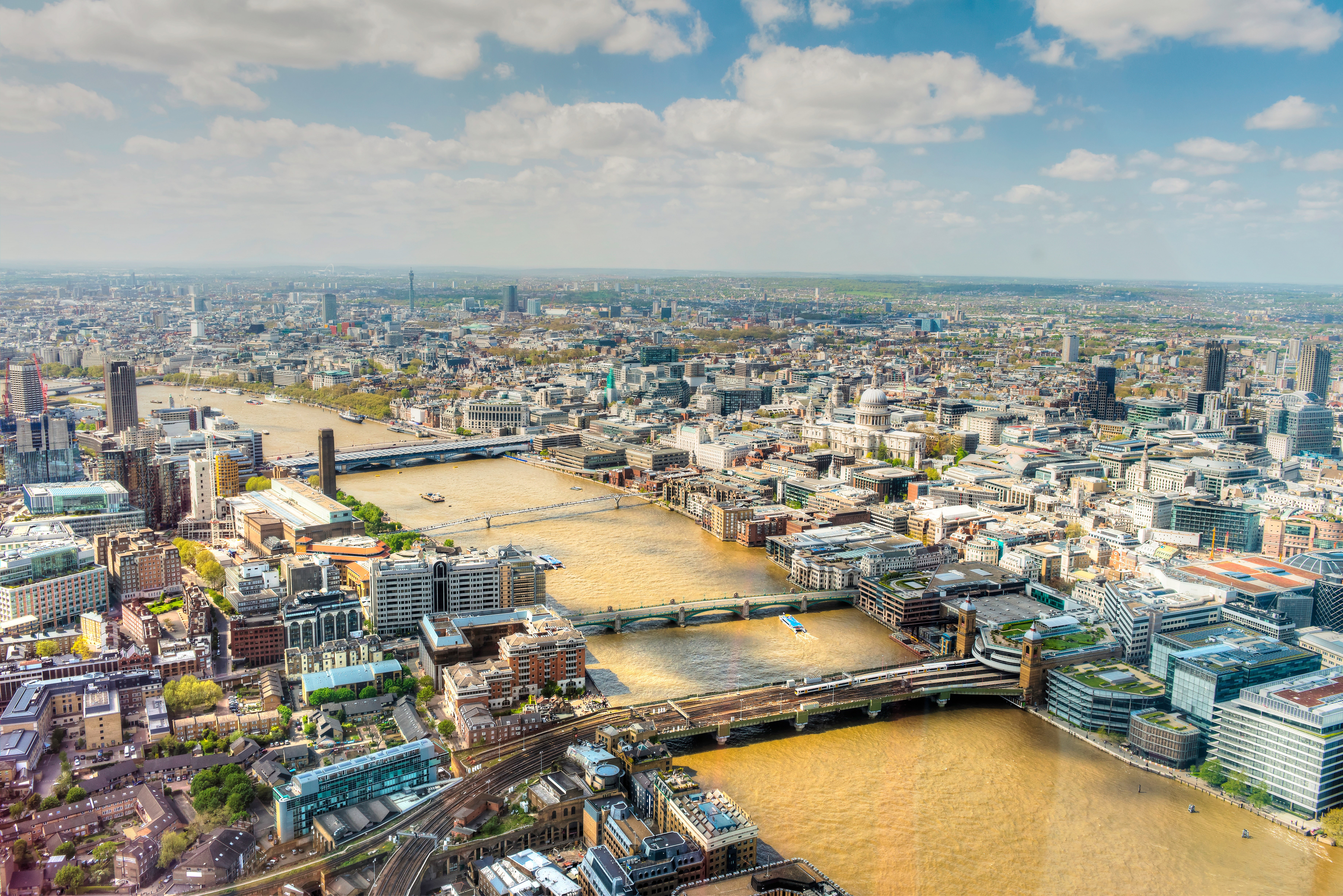 Aerial view of London with River Thames and bridges HD Wallpaper