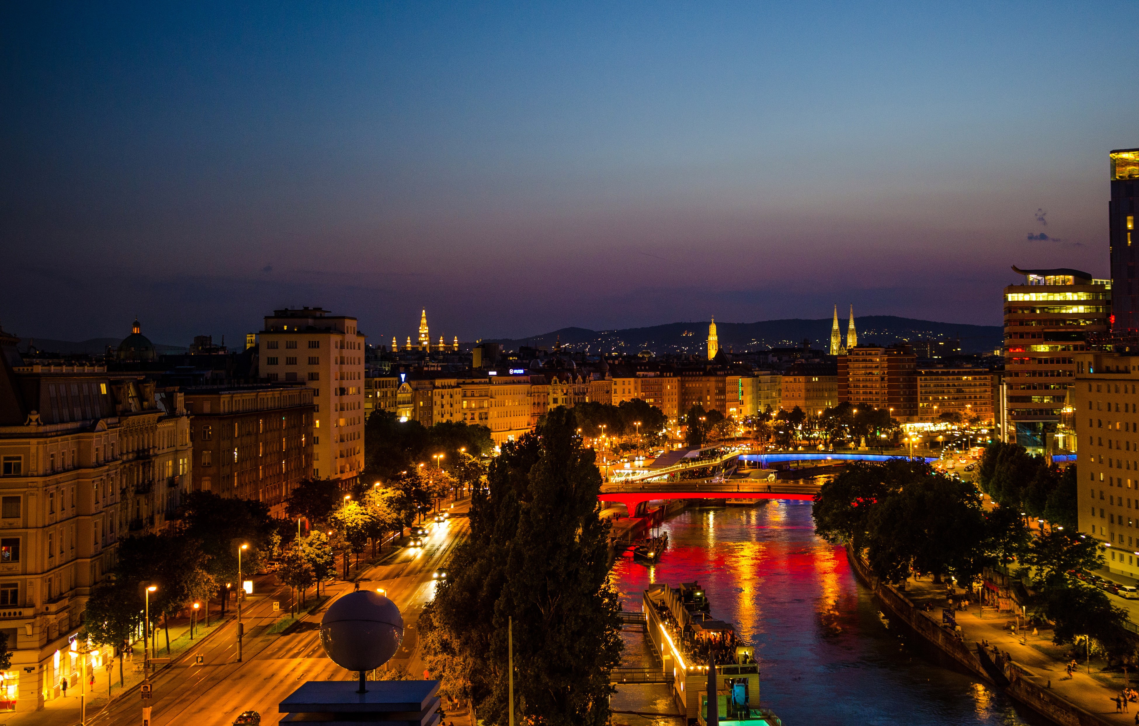 Vienna at night with river and bridges HD Wallpaper