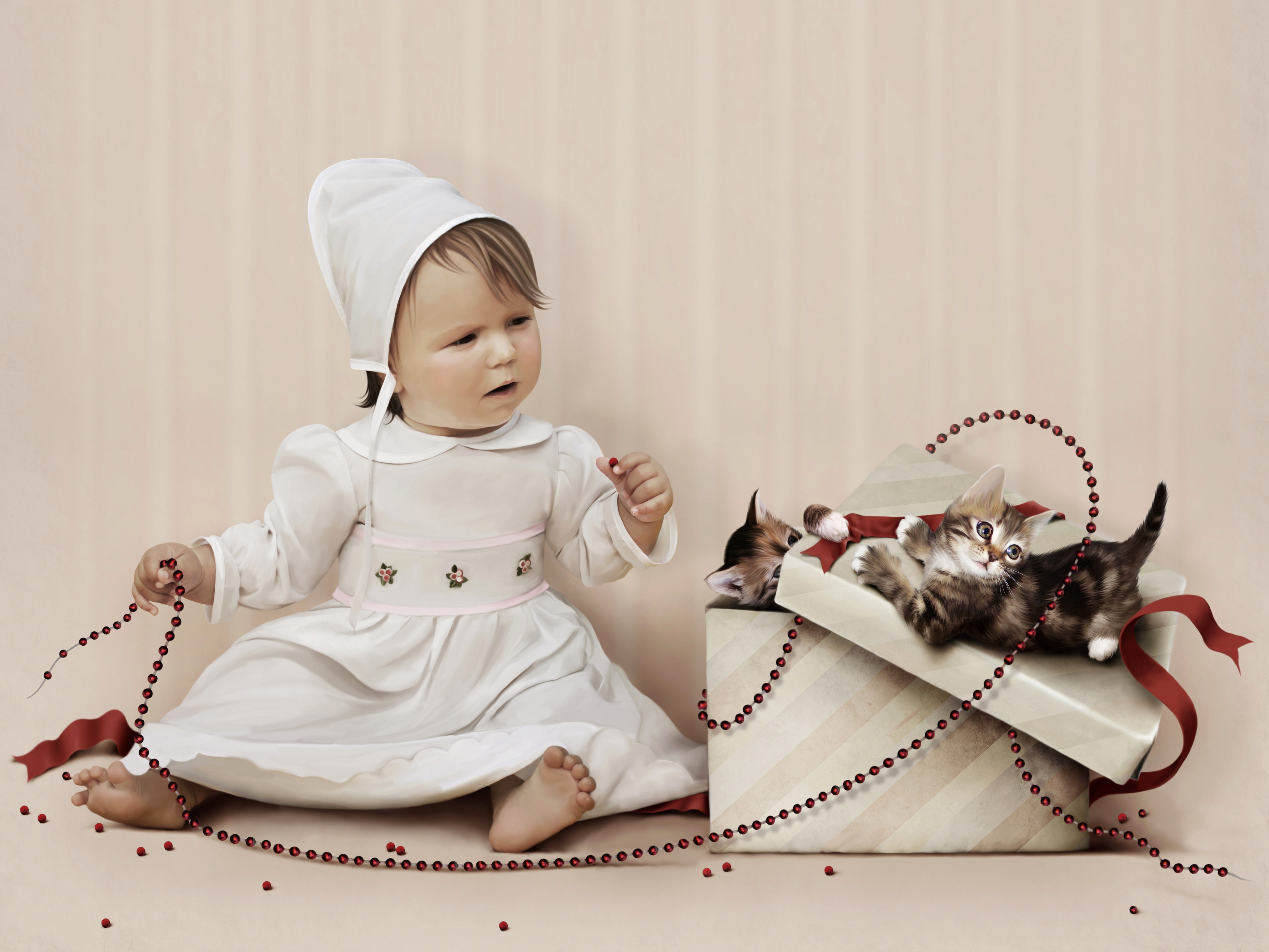 Baby Girl and Kittens in a Gift Box HD Wallpaper