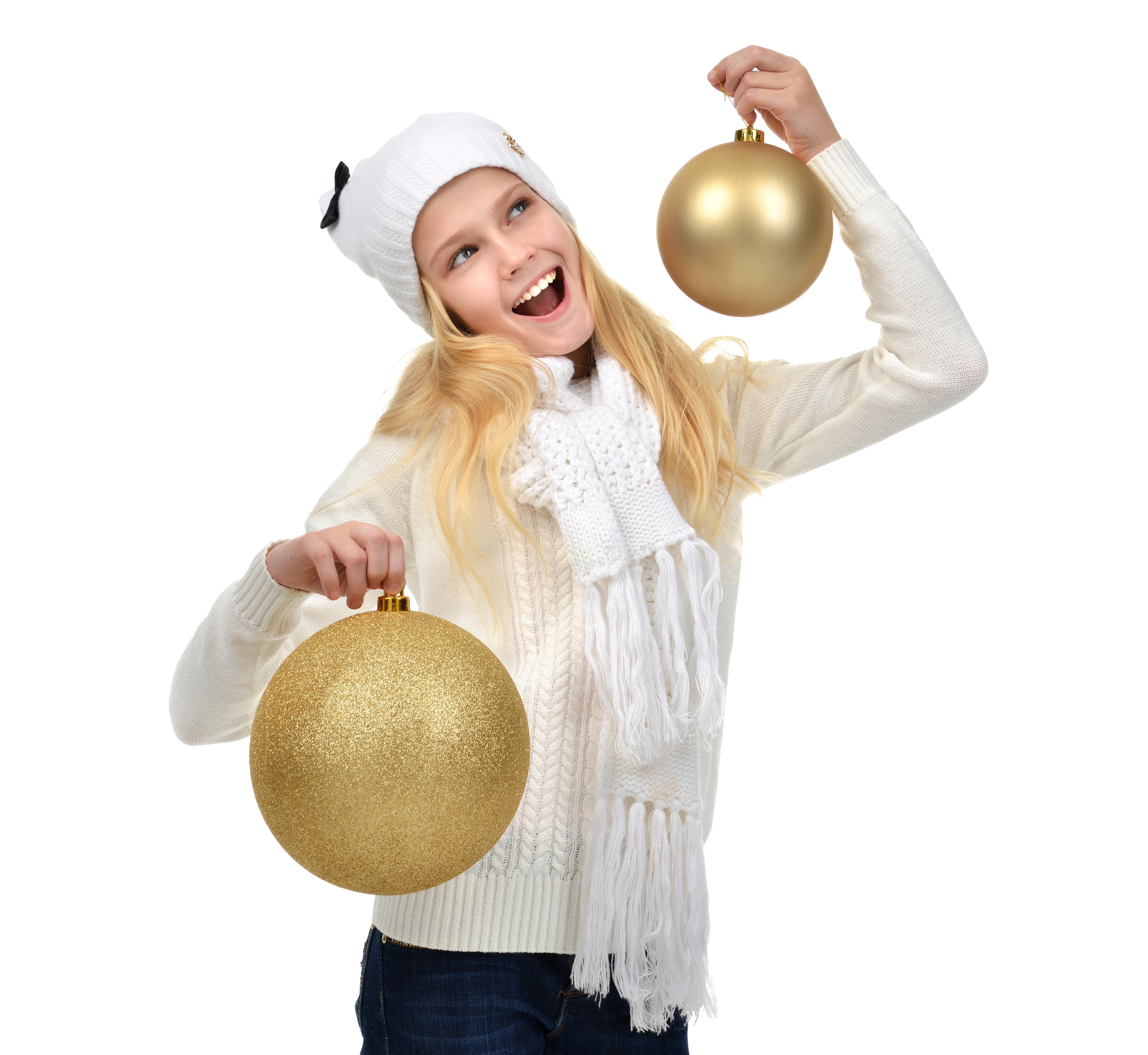 Blonde girl in winter hat holding Christmas balls HD Wallpaper