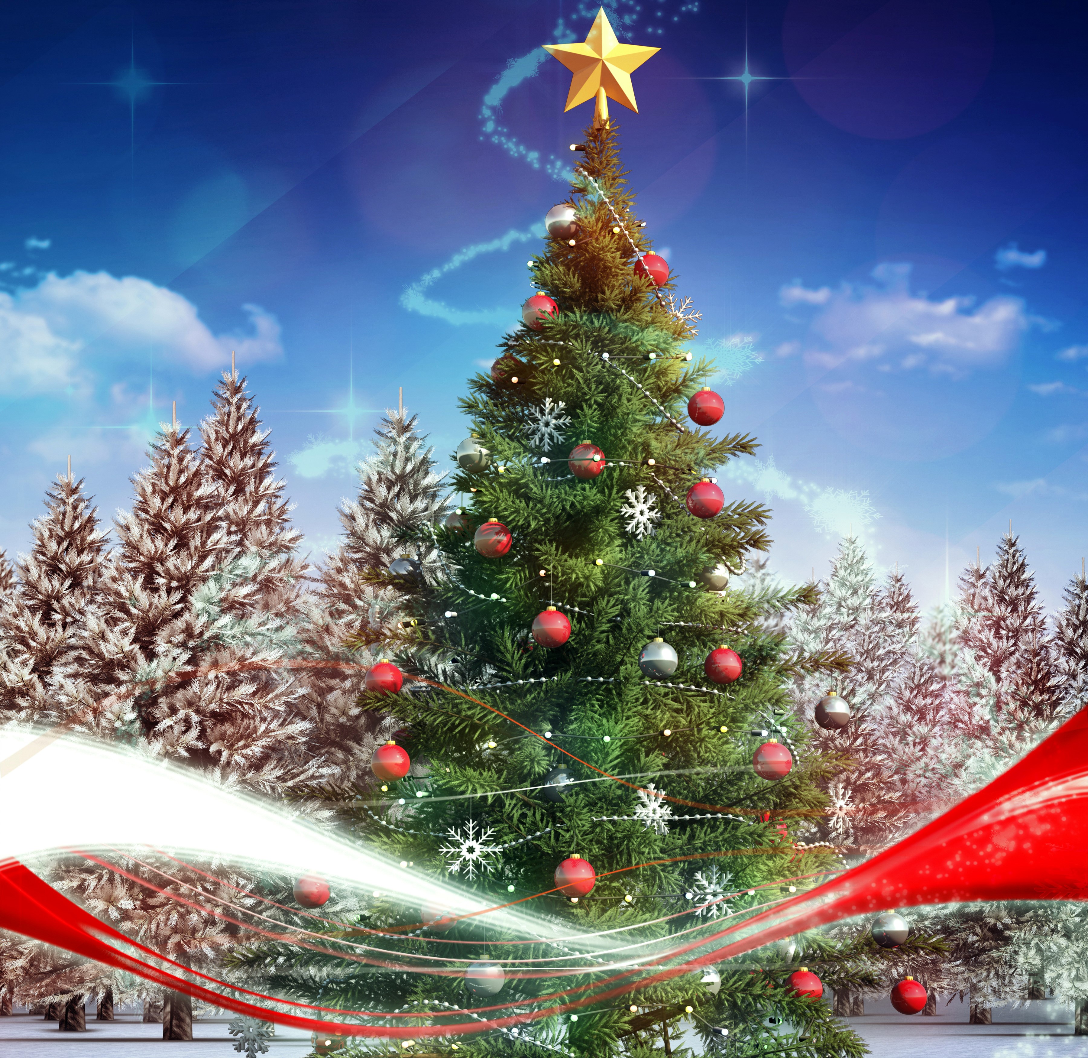 Christmas tree with ornaments and star in snowy forest HD Wallpaper