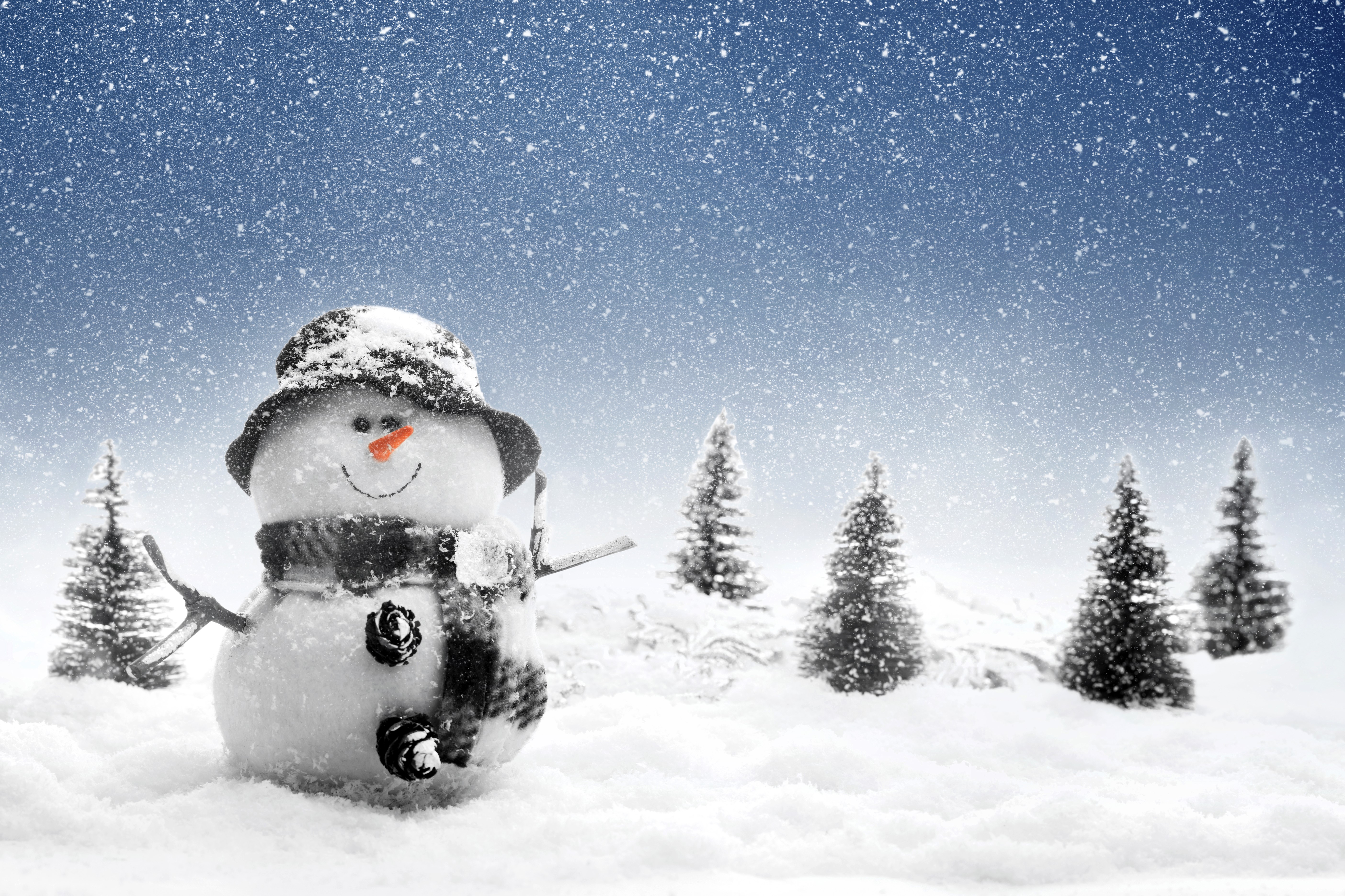 Snowman in a Winter Landscape with Snowflakes HD Wallpaper
