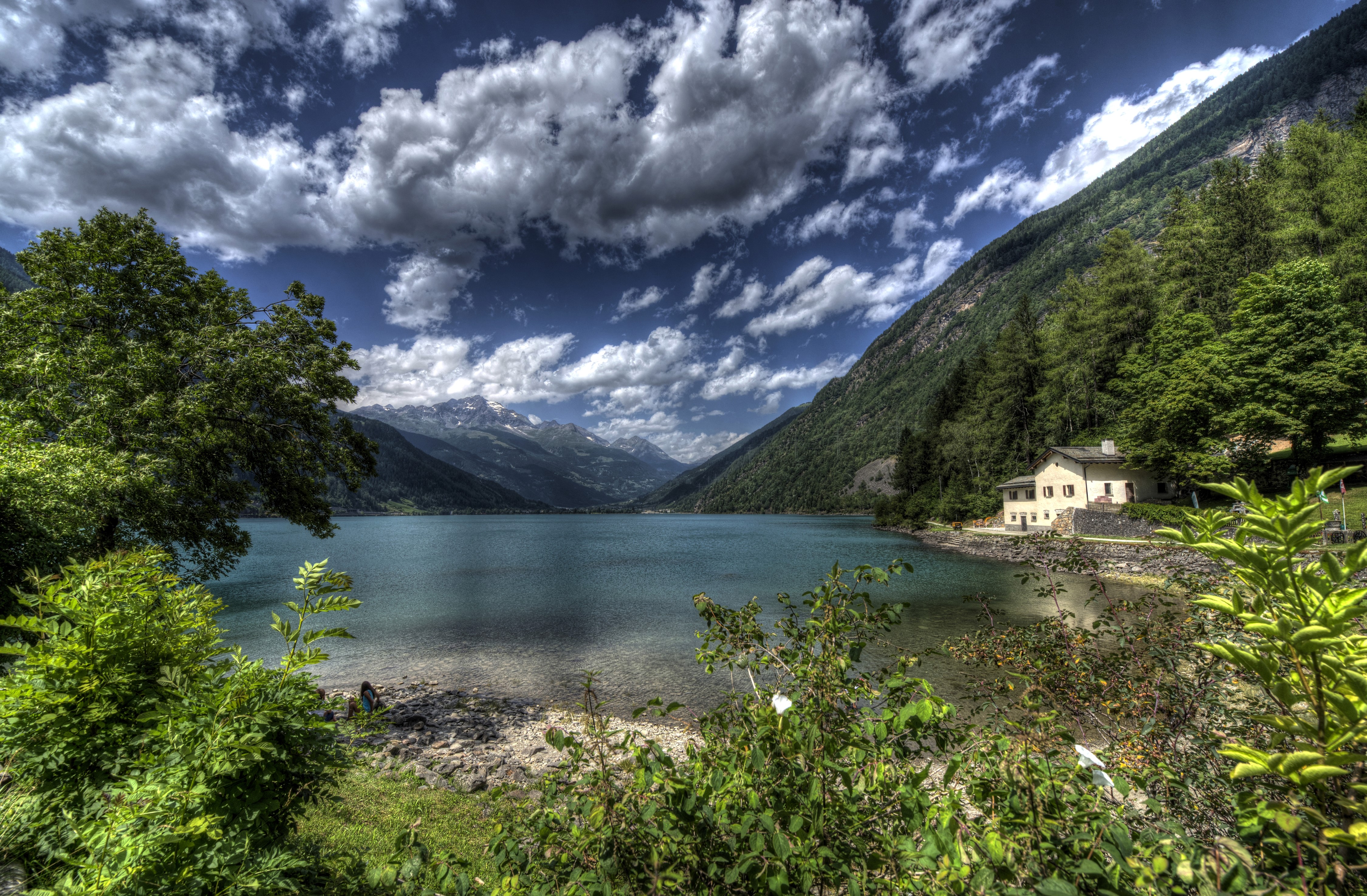 Lake Poschiavo, Switzerland, Mountains, Forests, Clouds HD Wallpaper