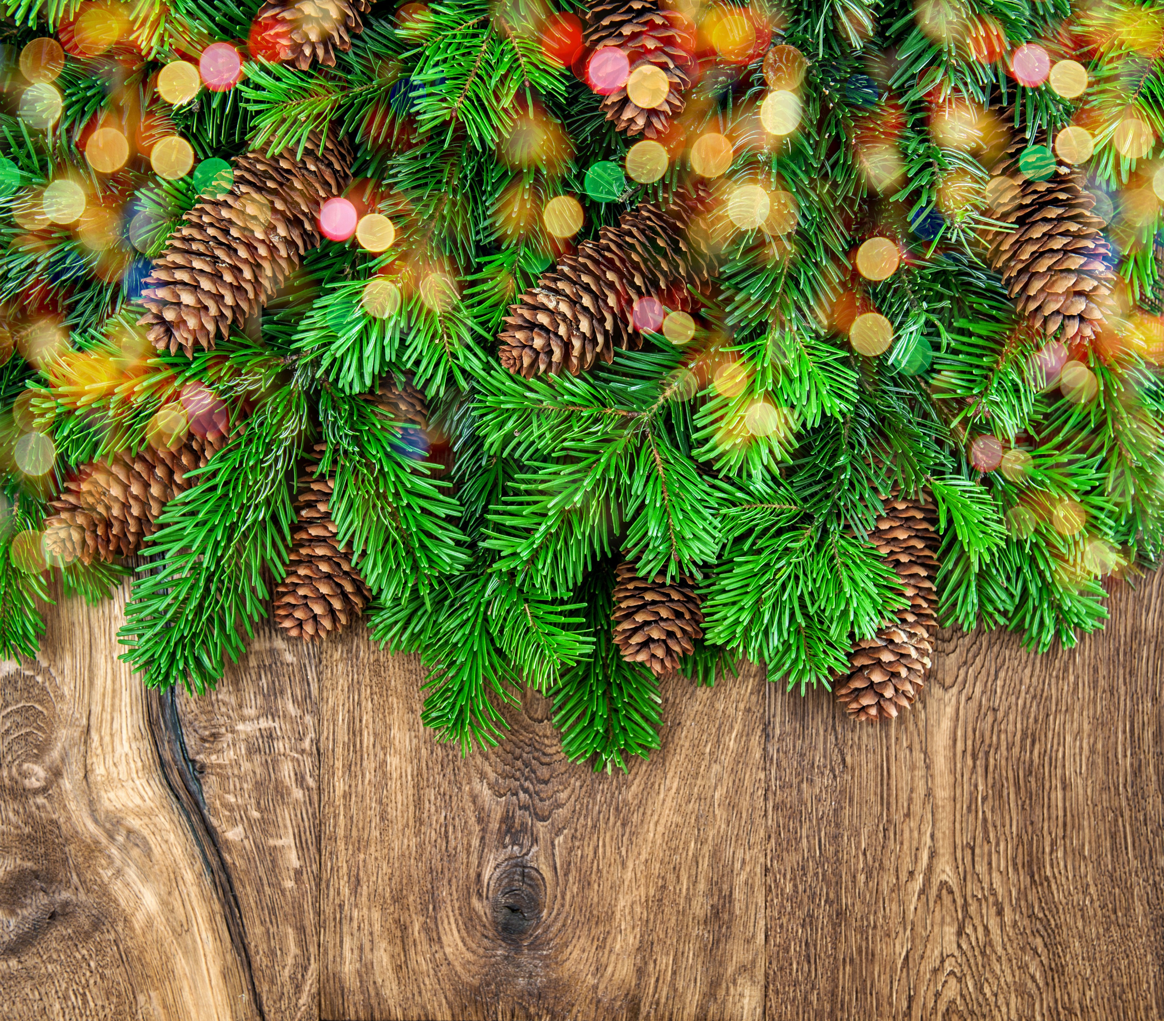 Christmas tree branches with pine cones and bokeh lights HD Wallpaper