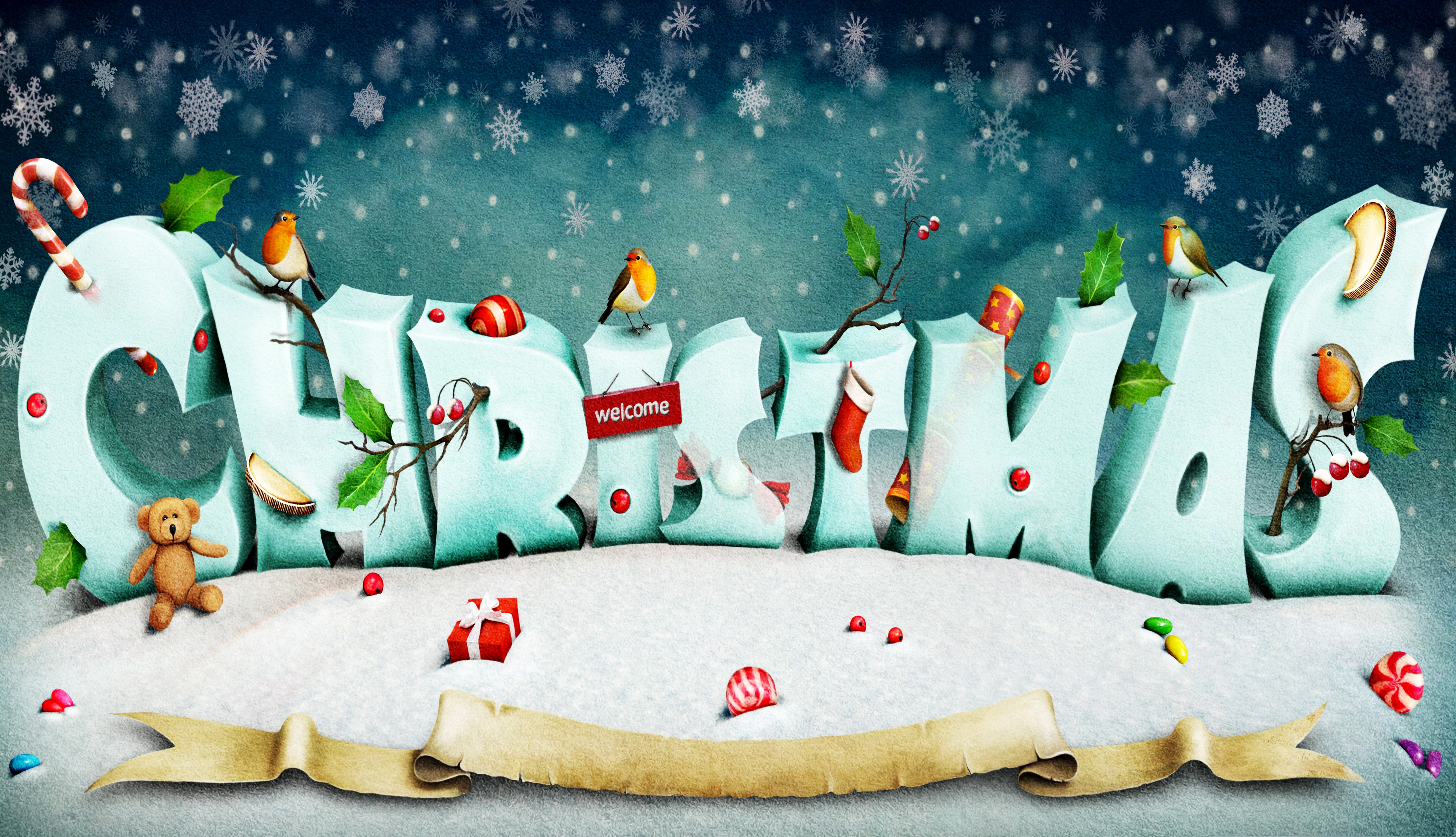 Christmas text with decorations and birds HD Wallpaper