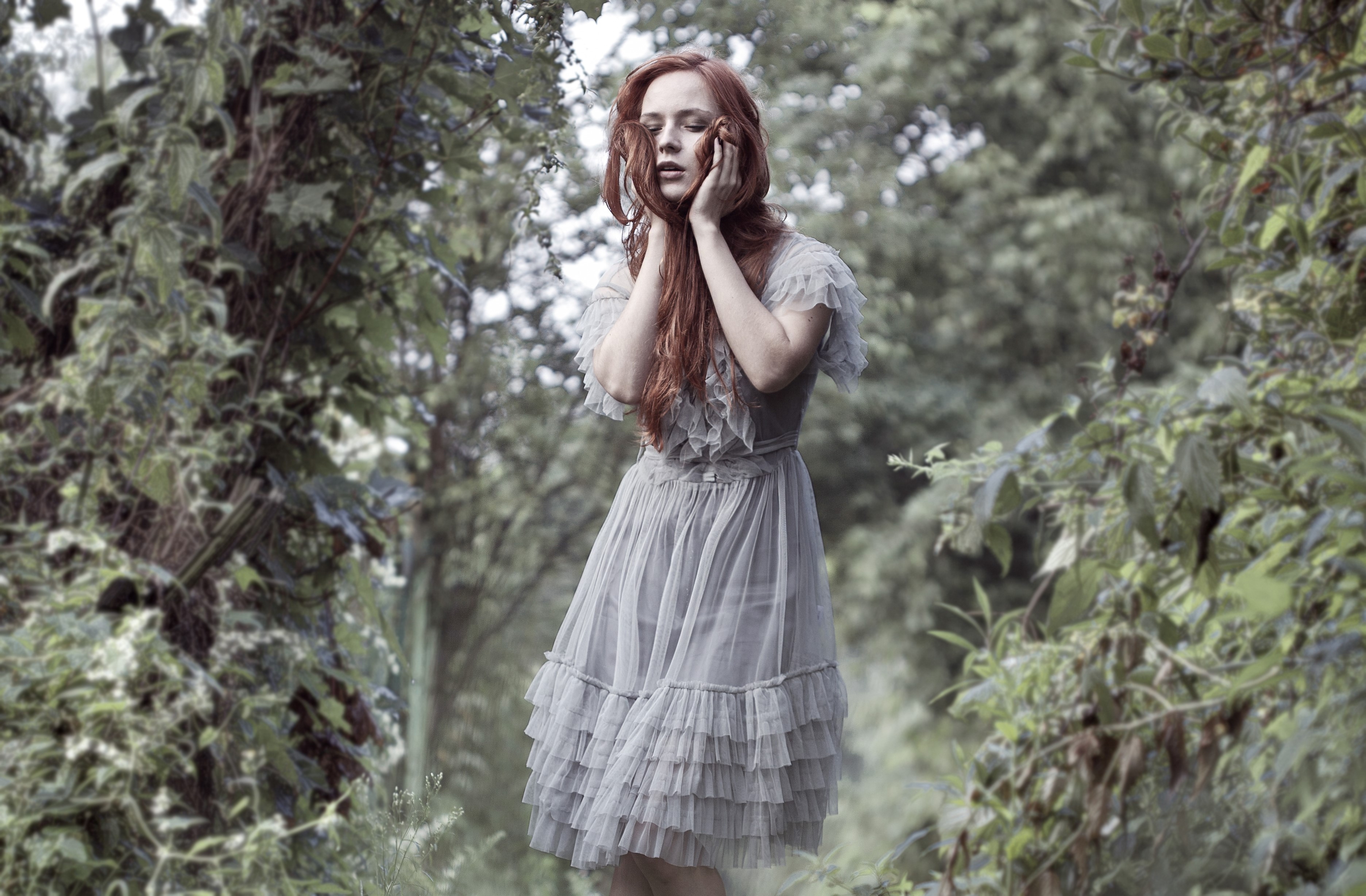 Redhead girl in a grey dress in a forest HD Wallpaper