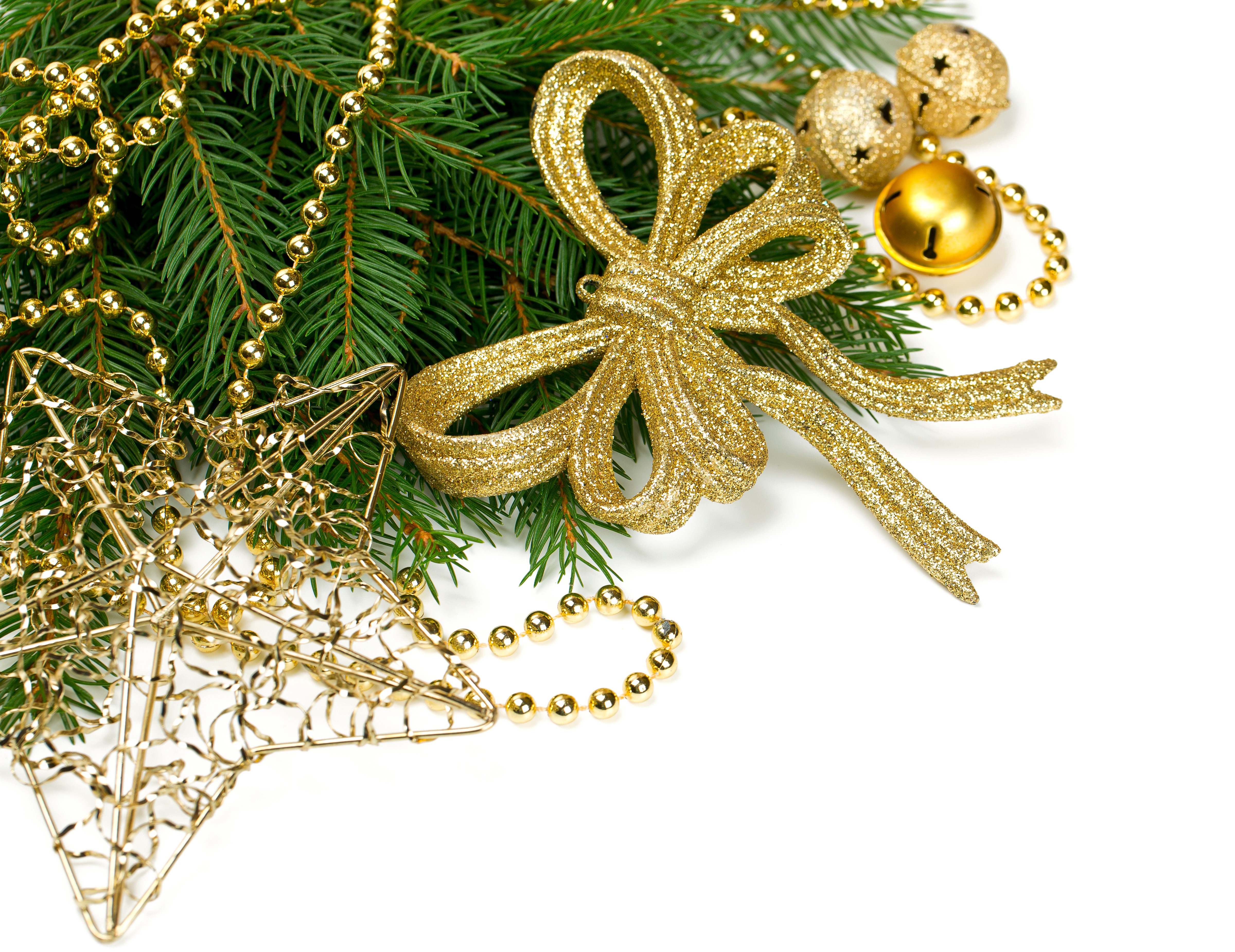 Christmas Decorations with Pine Branches and Gold Ornaments HD Wallpaper