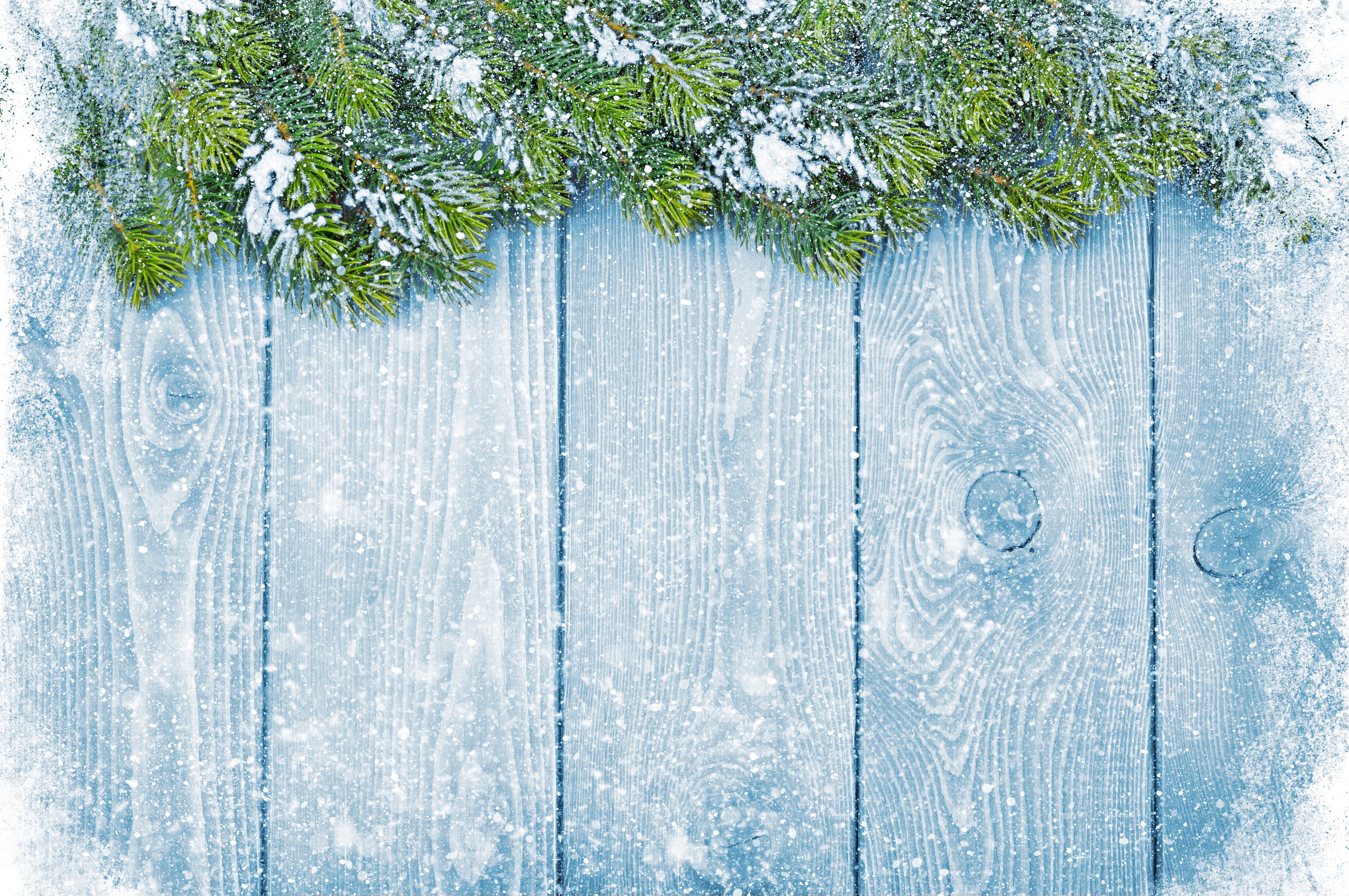 Christmas fir branches with snow on wooden planks HD Wallpaper