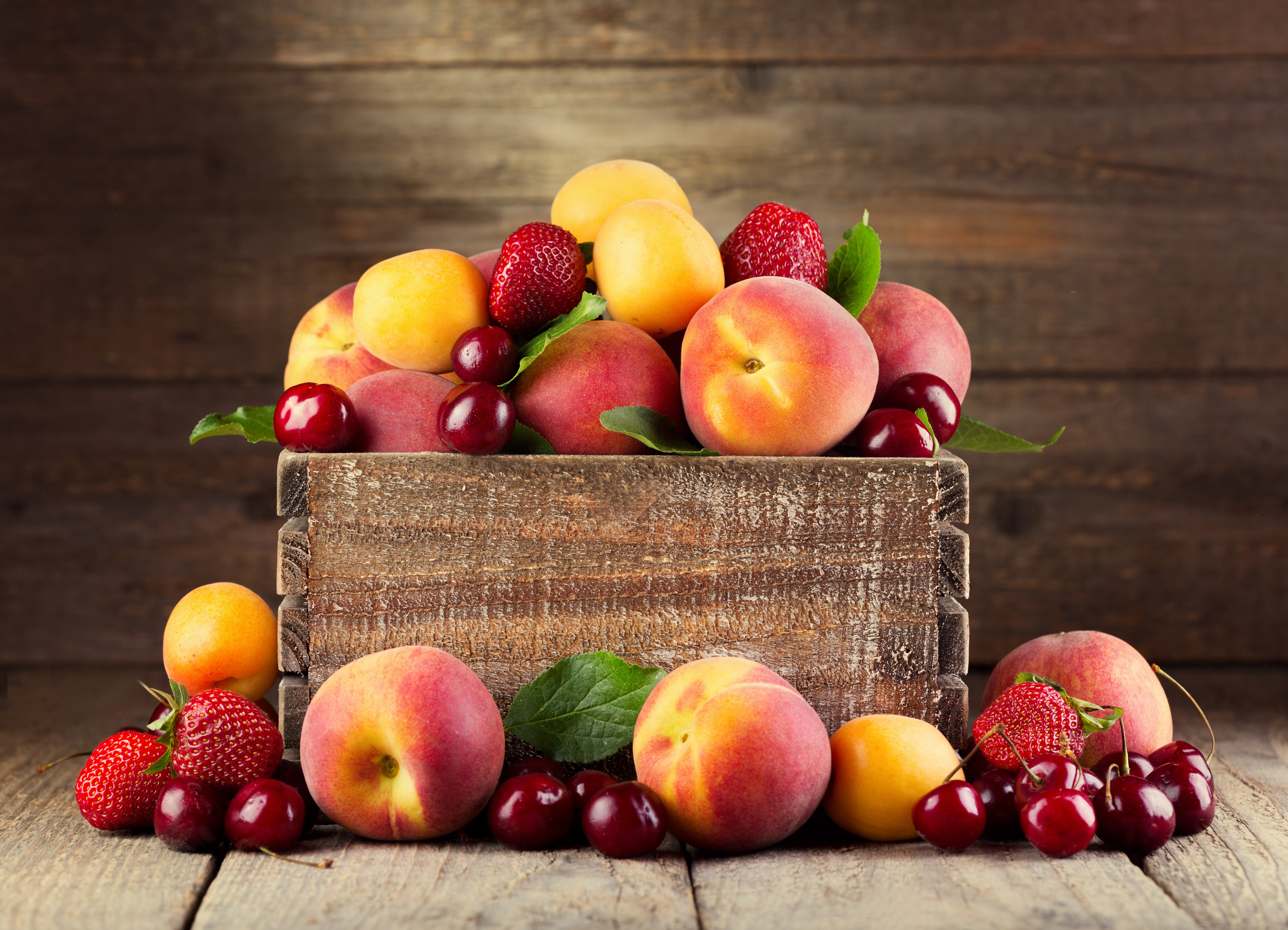 Fruit in a wooden box: Peaches, Cherries, Strawberries HD Wallpaper