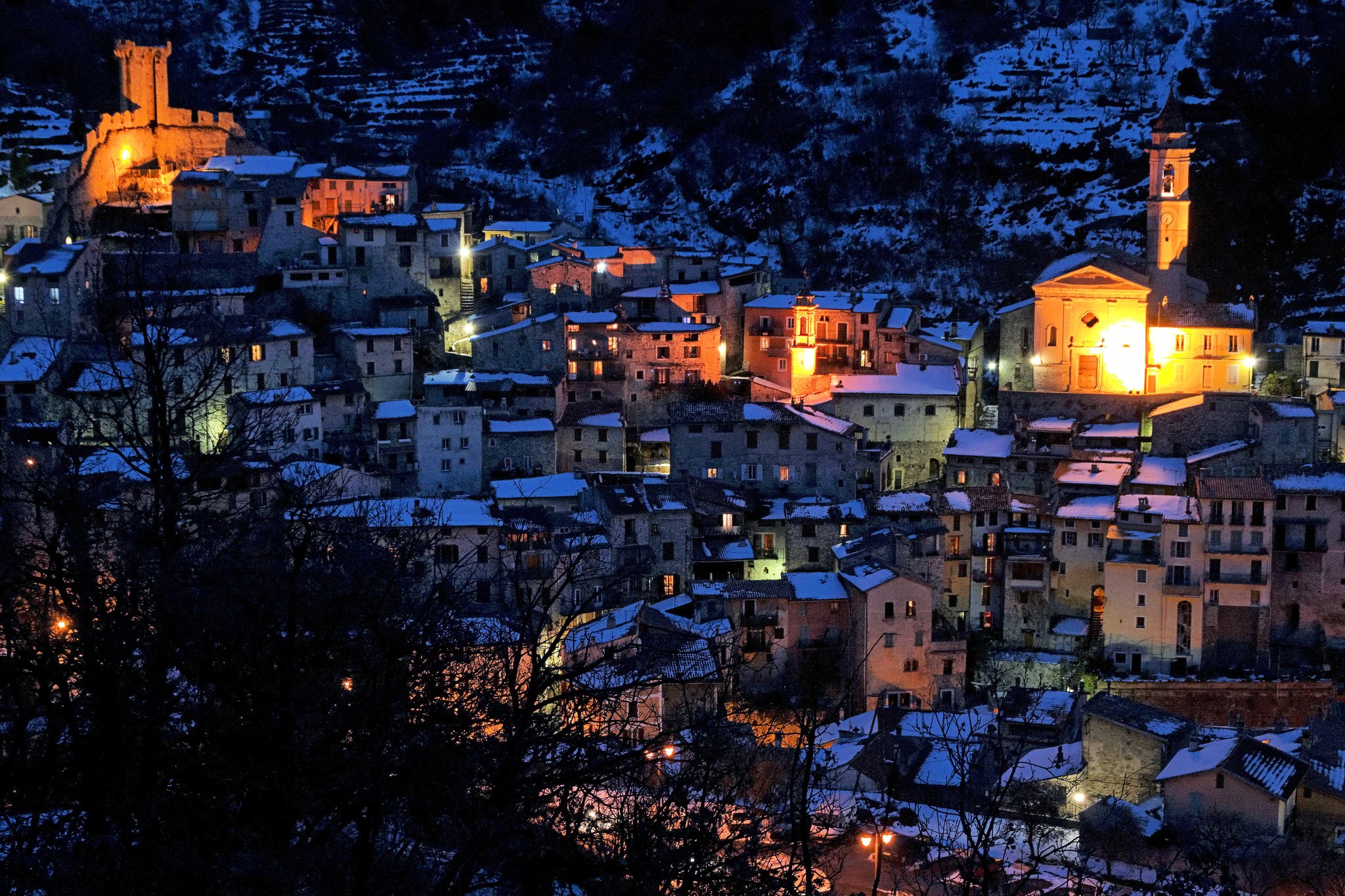 Luceram, France at night with snow HD Wallpaper