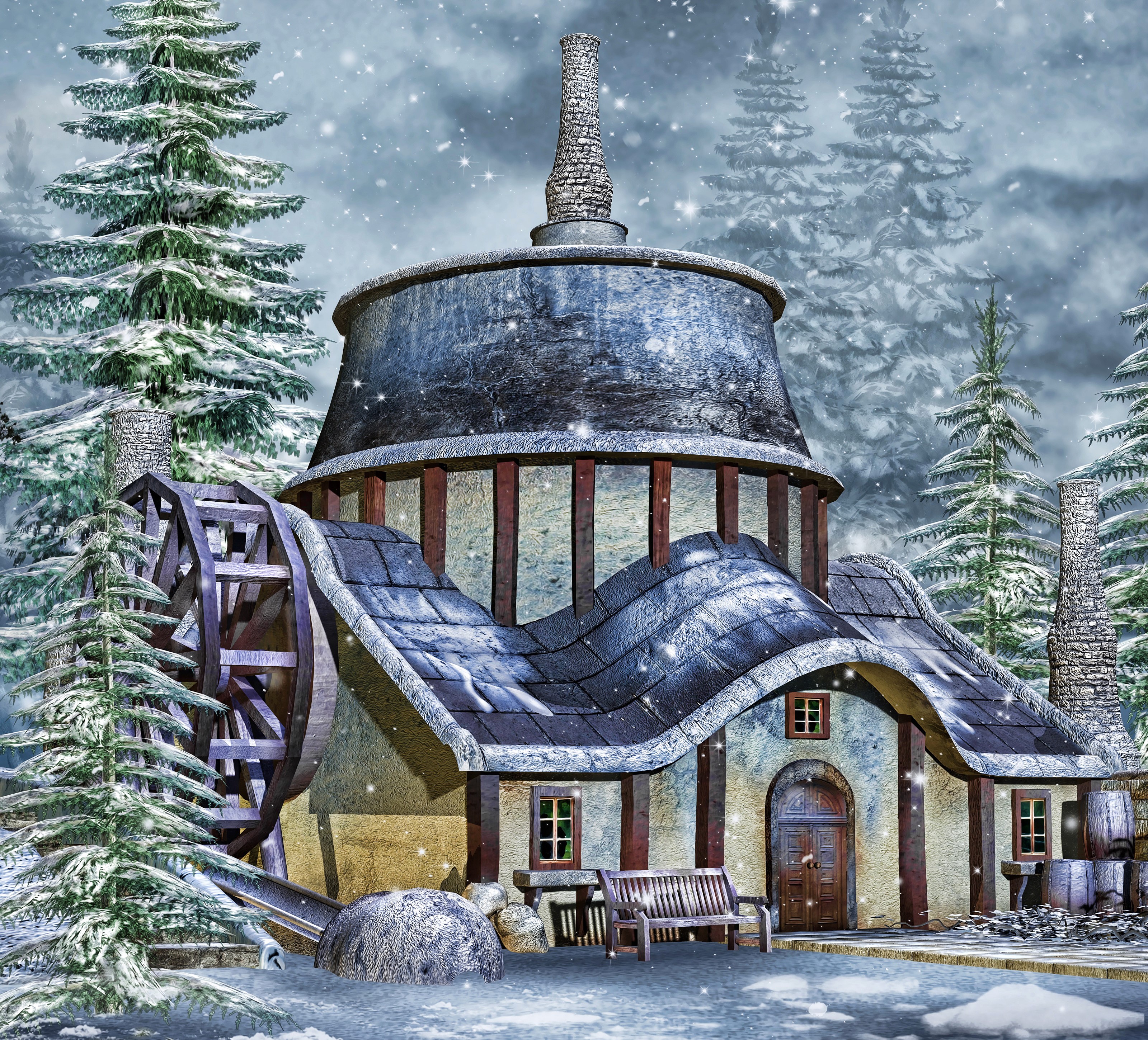 Winter mill house with water wheel and snow HD Wallpaper