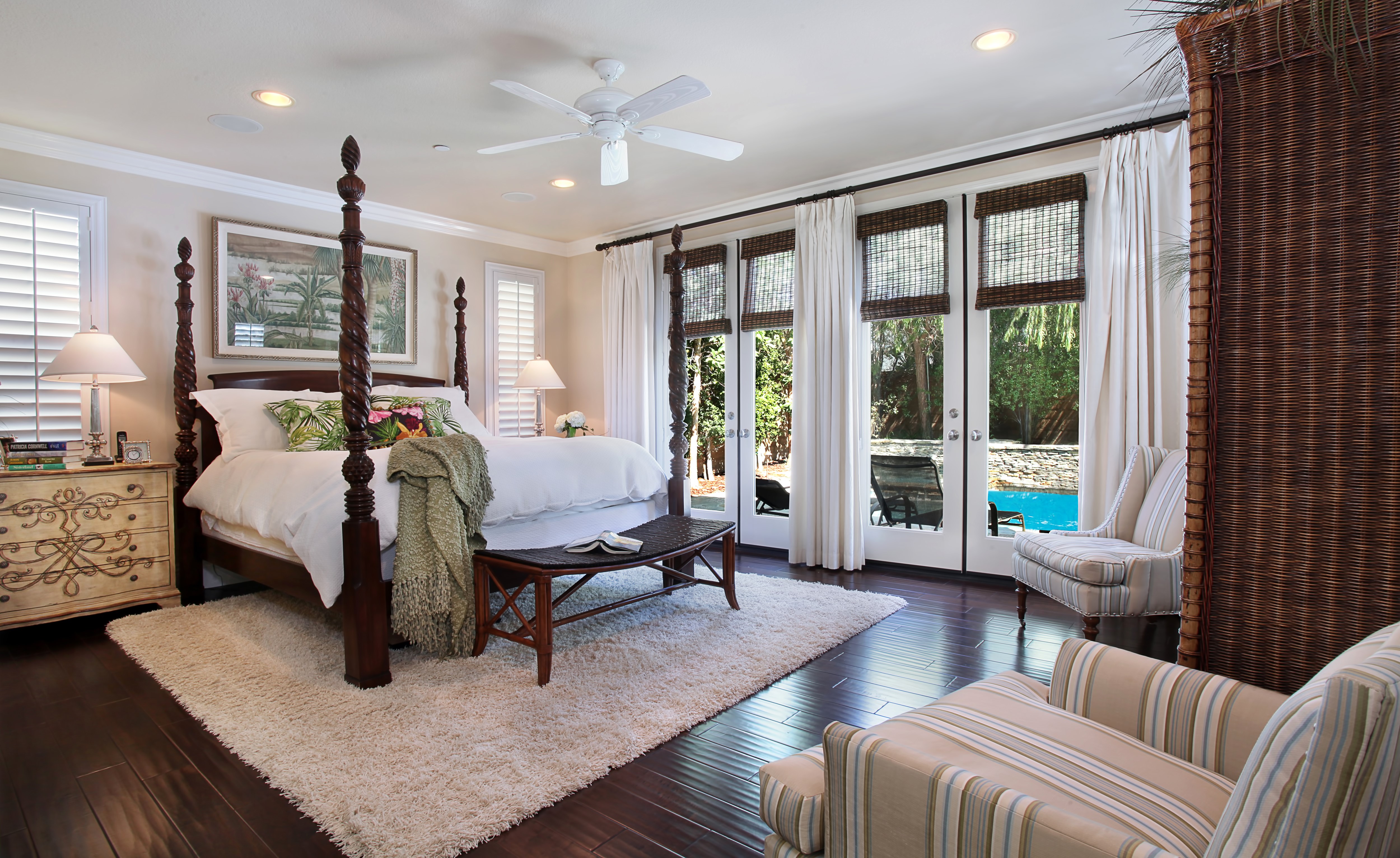 Bedroom with Four-Poster Bed and Pool View HD Wallpaper