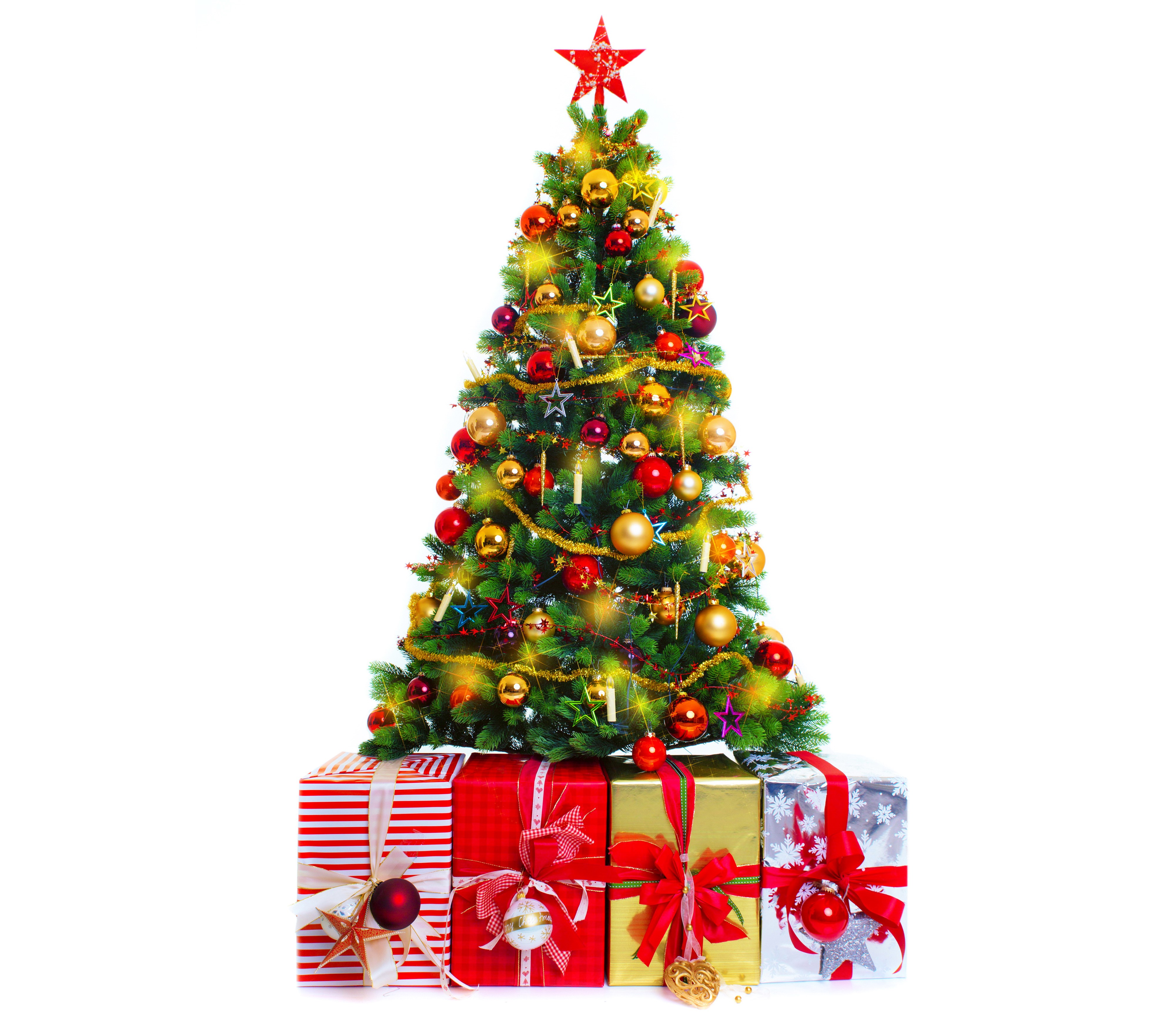Christmas tree with gifts and ornaments HD Wallpaper
