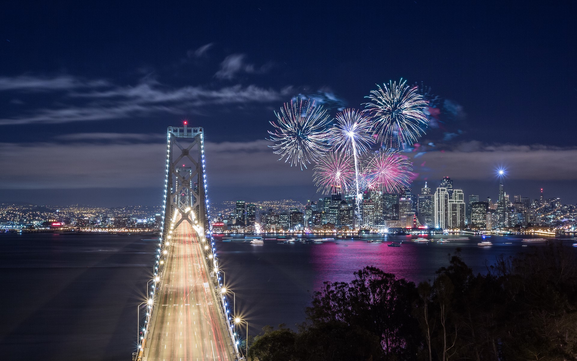 San Francisco Bay Bridge Fireworks at Night HD Wallpaper