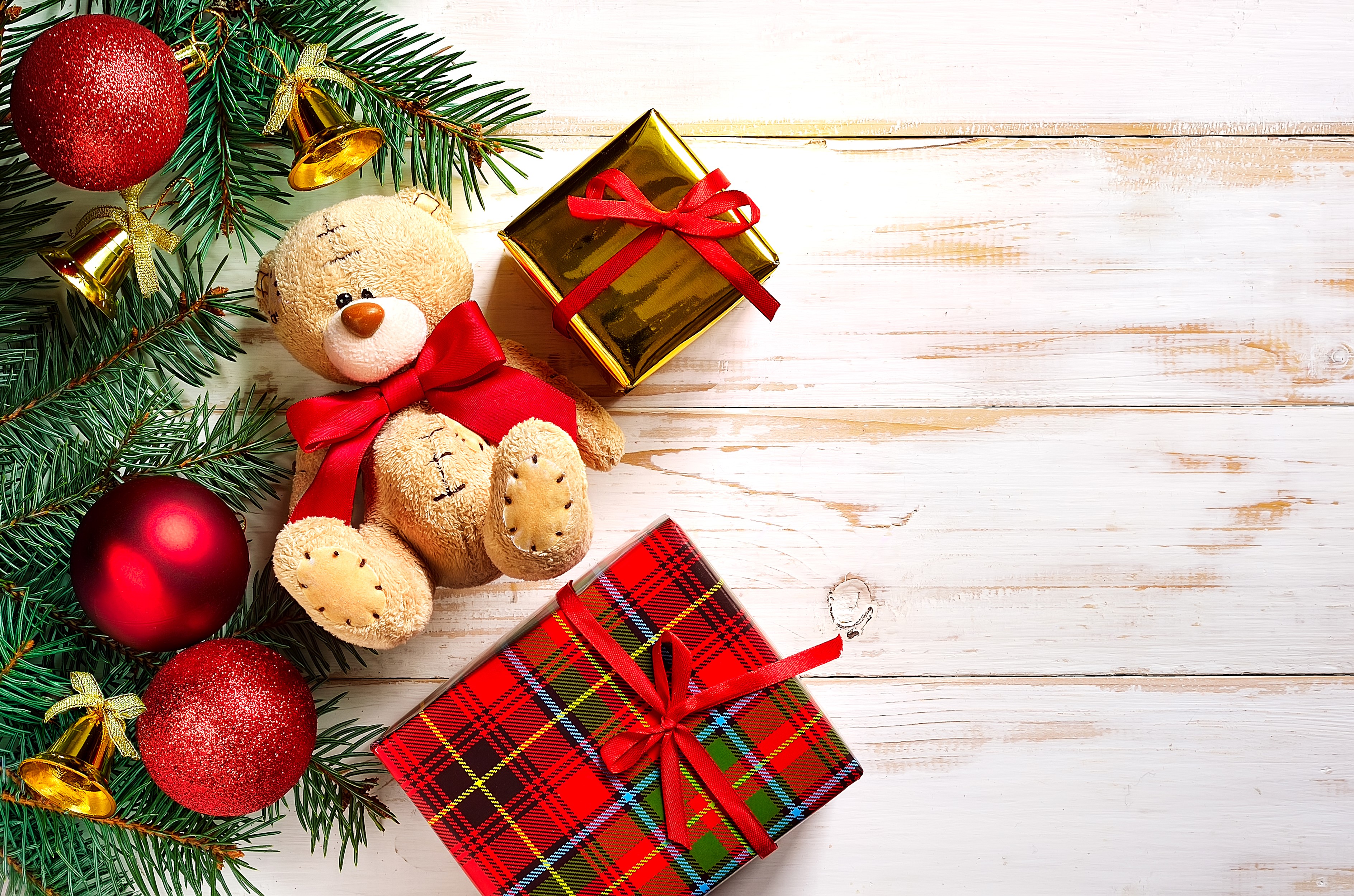 Christmas teddy bear with gifts and ornaments HD Wallpaper