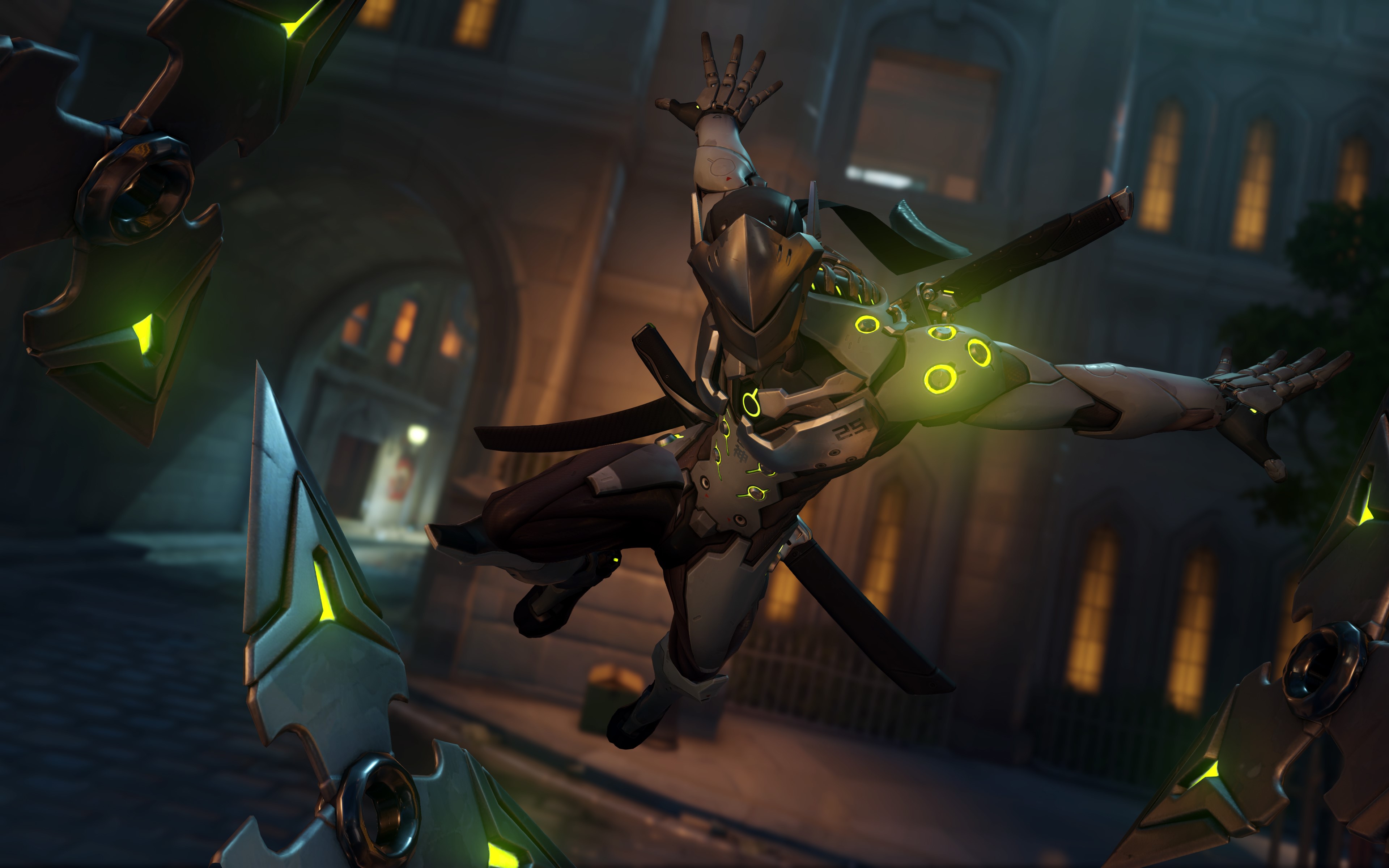 Genji from Overwatch jumping with swords HD Wallpaper