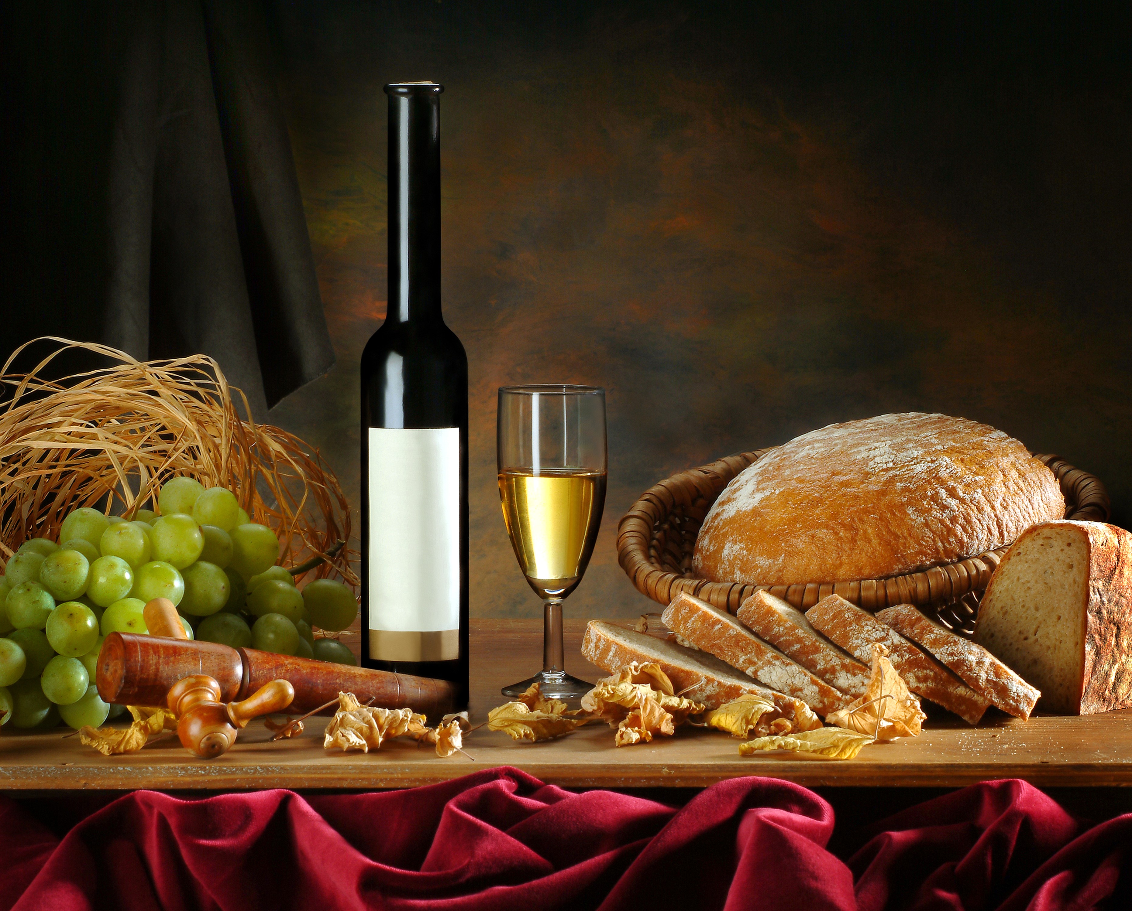 Still-life with wine, grapes, and bread HD Wallpaper