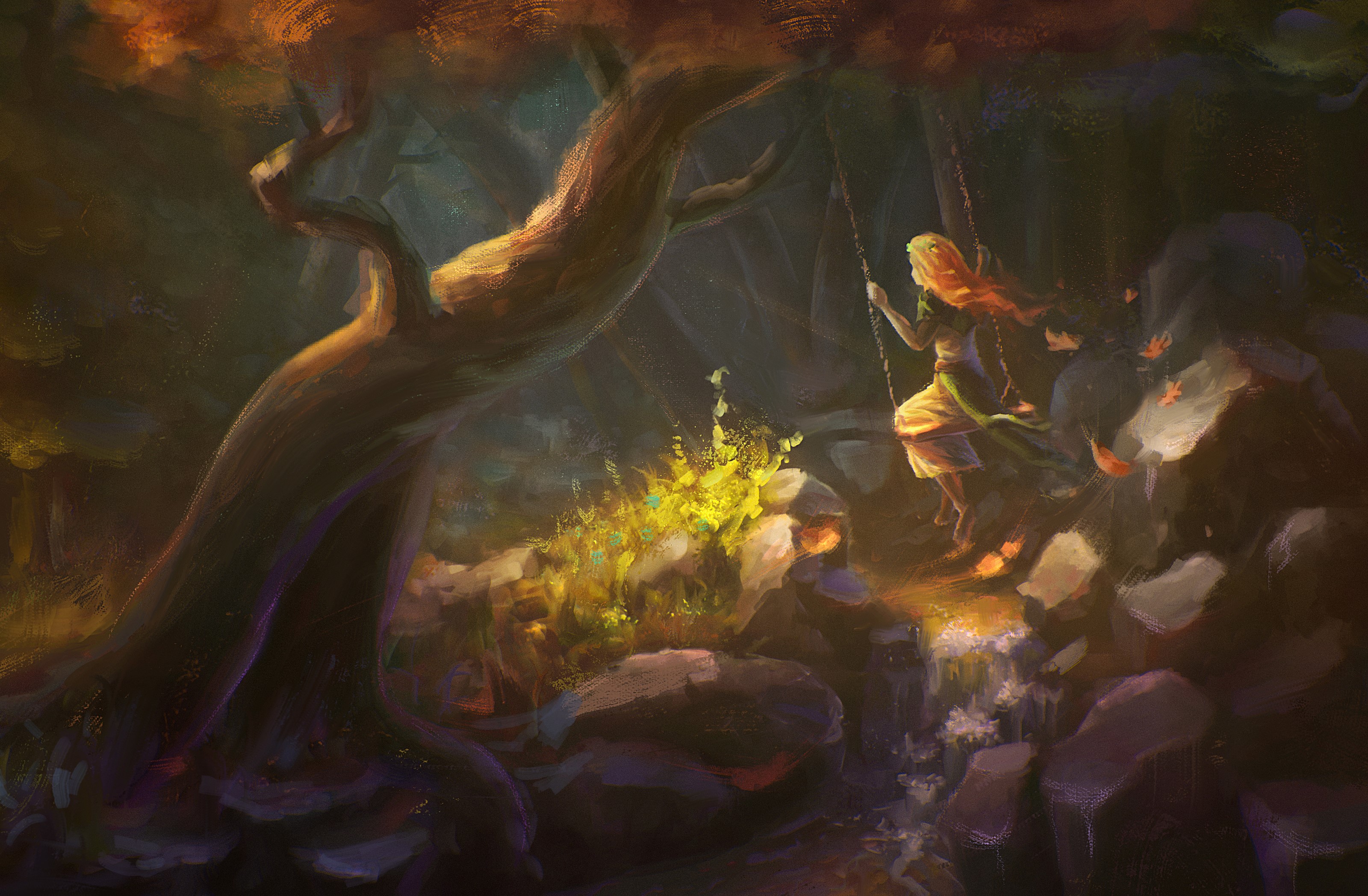 Girl on a swing in a mystical forest HD Wallpaper