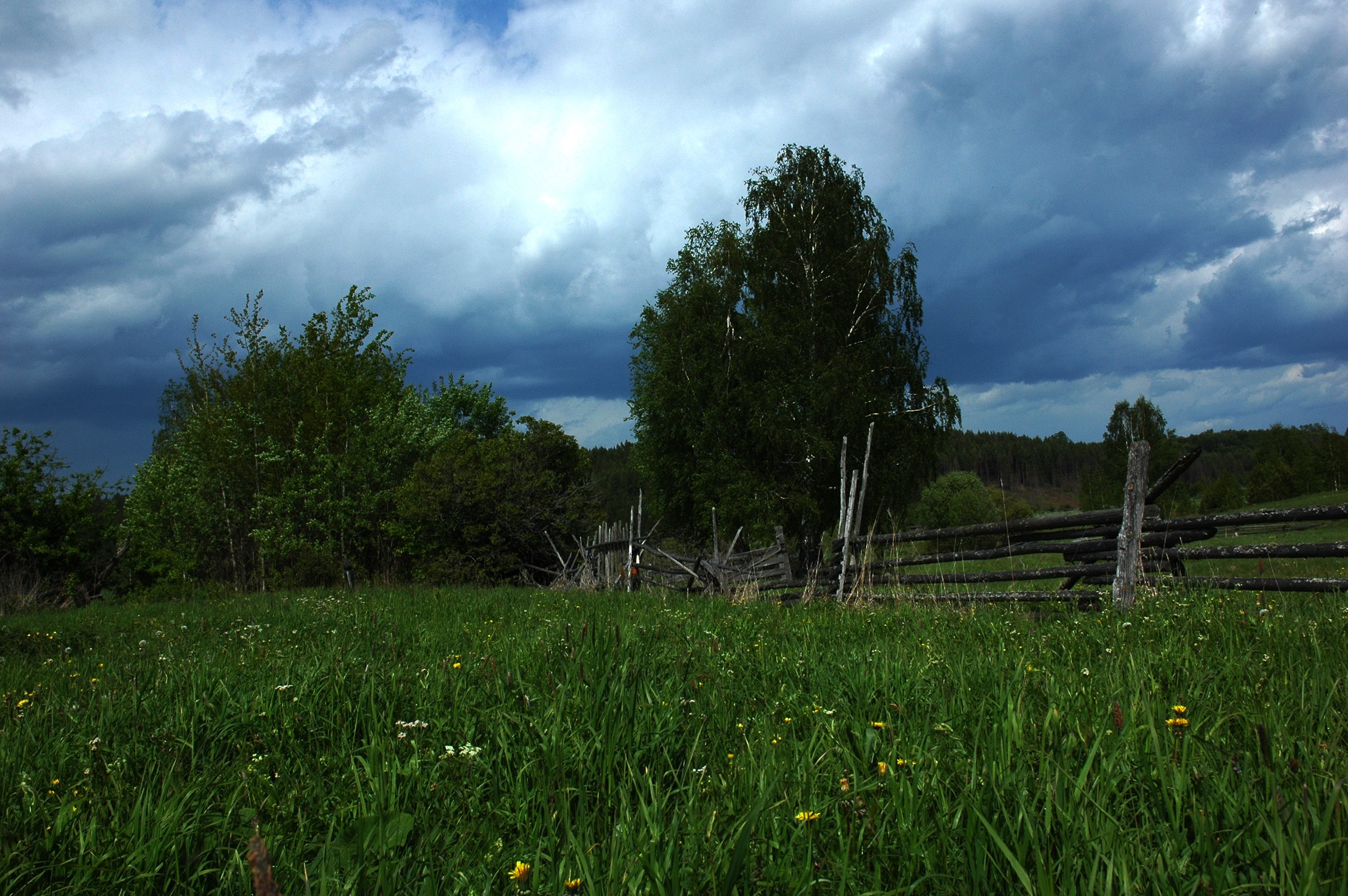 Wooden fence in a grassy field under cloudy sky HD Wallpaper